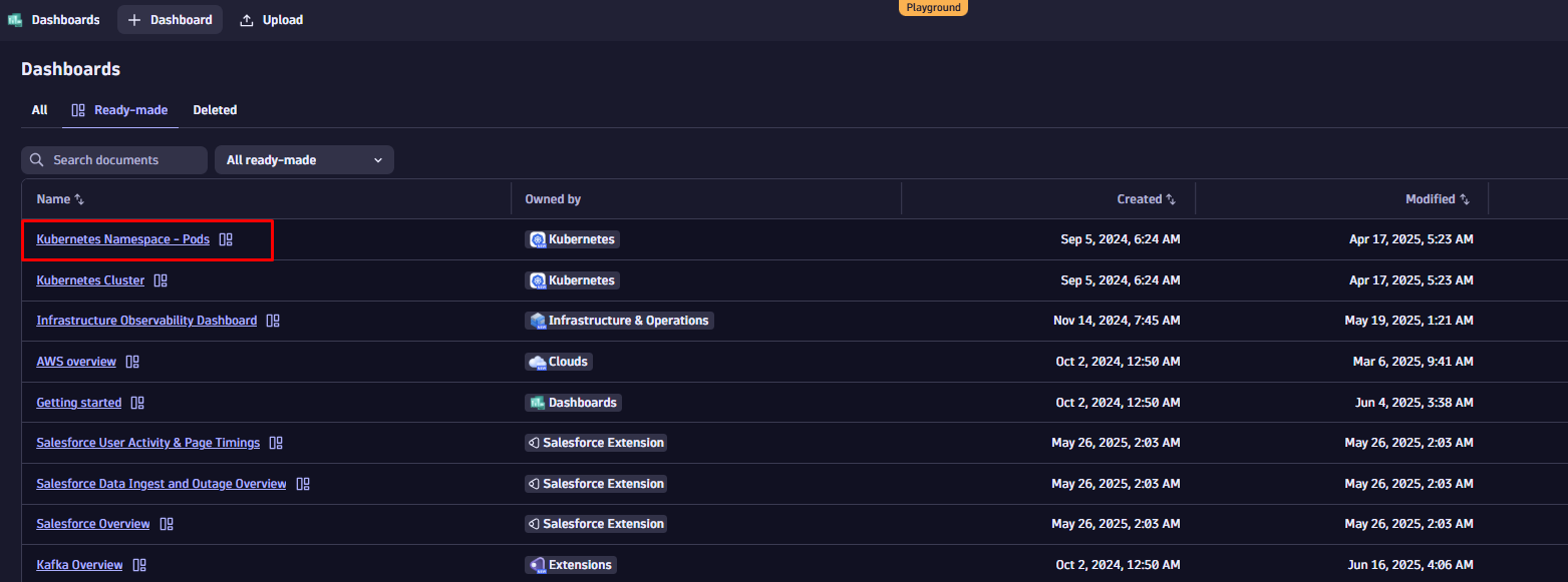 screenshot showing which file to copy from the Playground dashboards list for the dashboard filtering demo