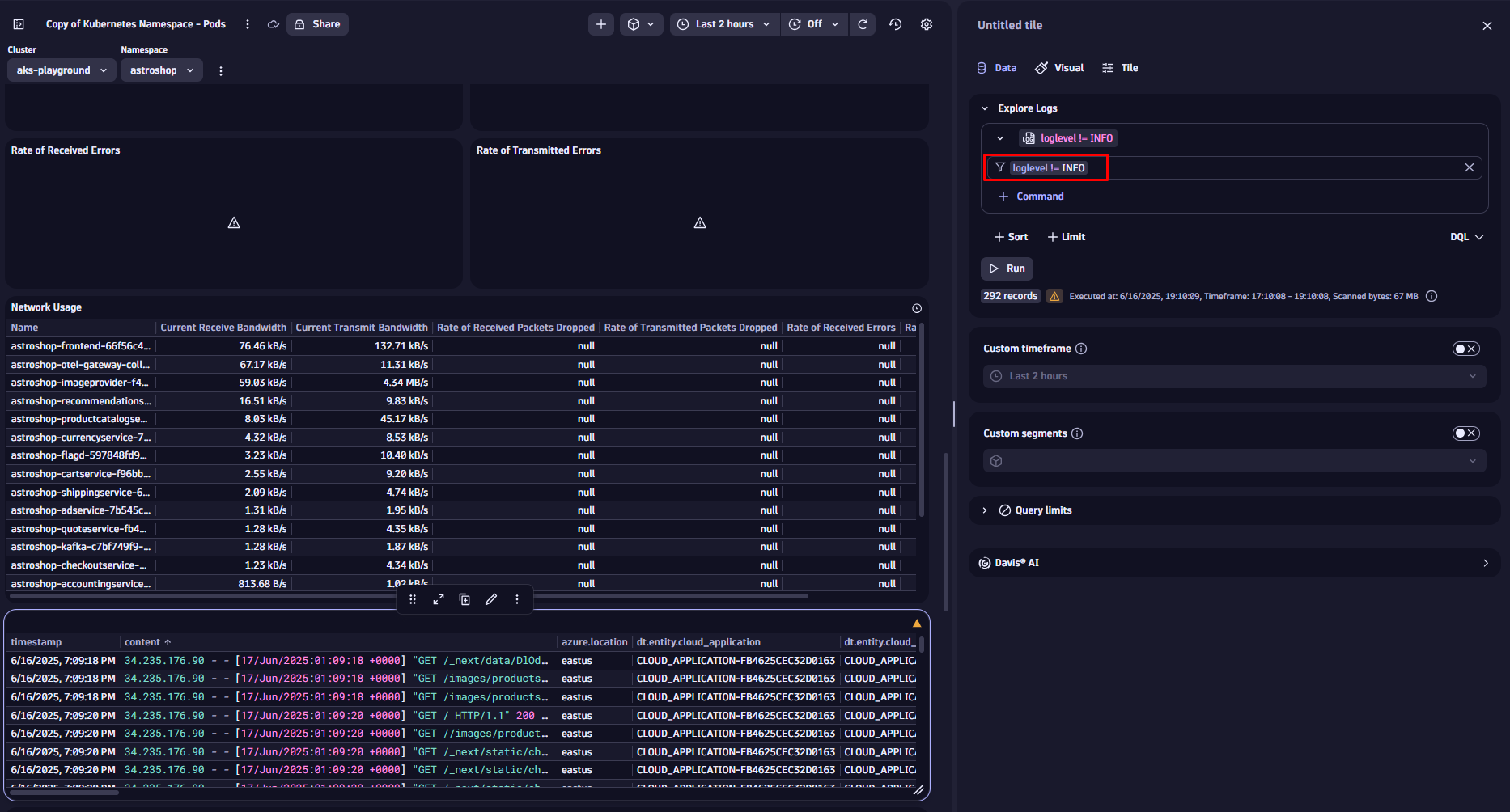 Screenshot showing how to filter data on error logs in the Data tab.
