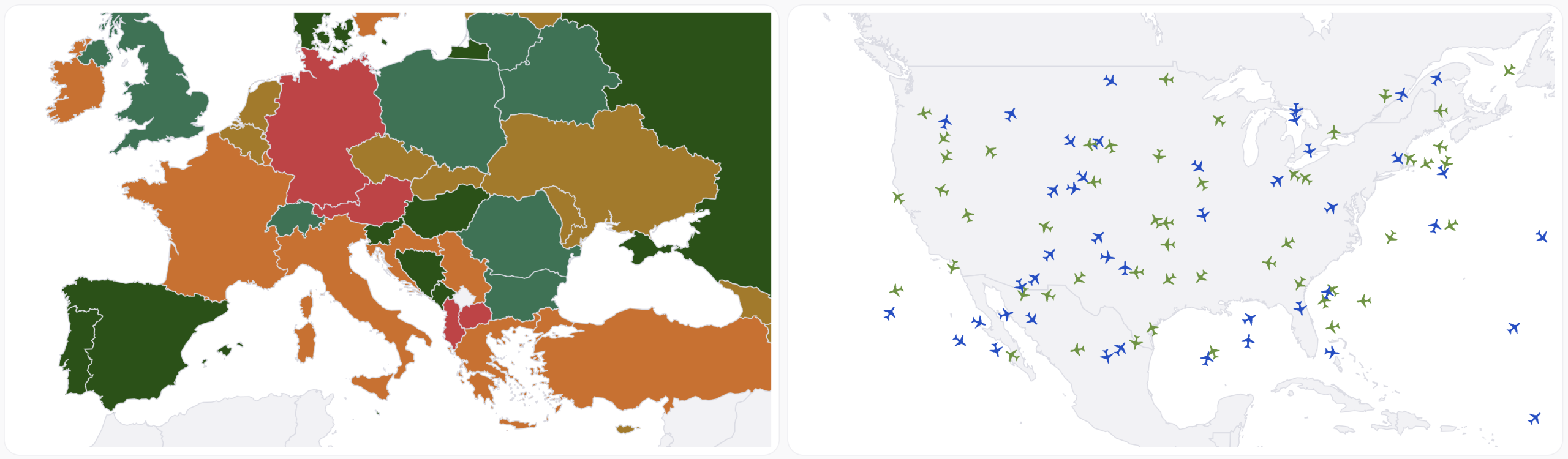 Data visualization. A choropleth map visualizing Apdex scores per European country, and a dot distribution map visualization of air traffic over the US.