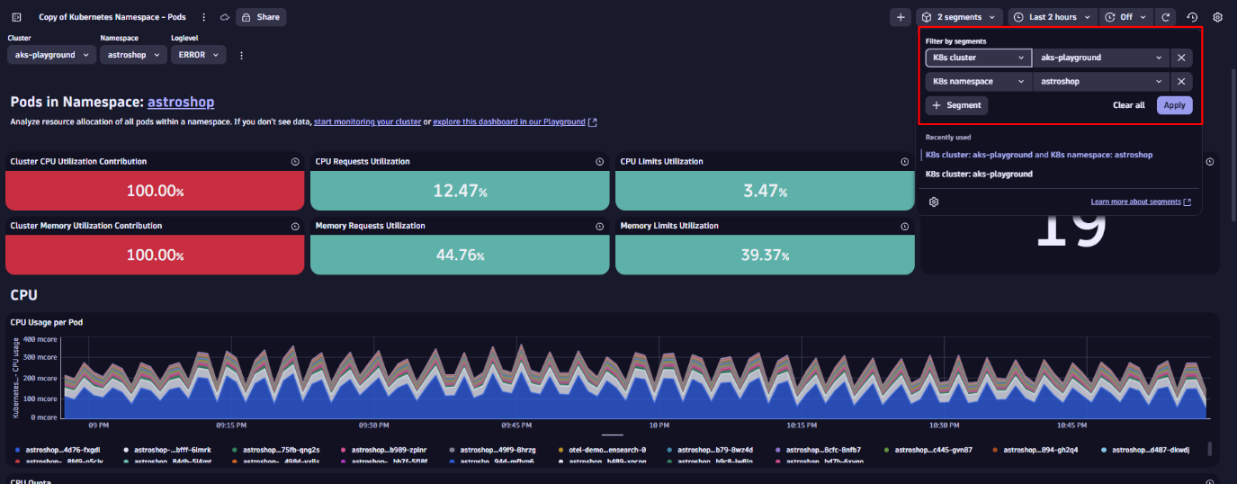 Screenshot showing segments added to a dashboard
