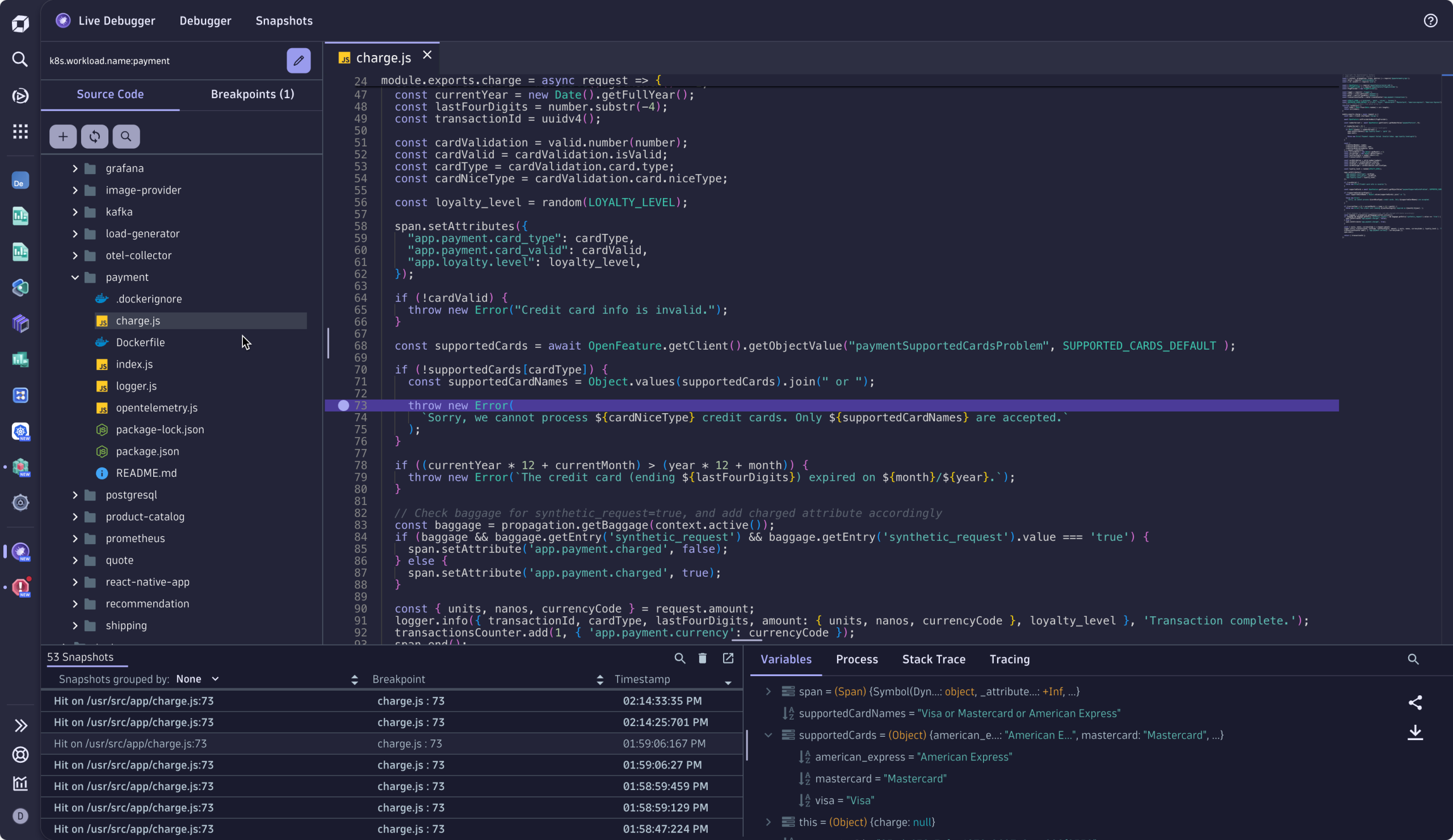Figure 6. Start debugging at the exact line where the error occurs with live production data in Live Debugger.