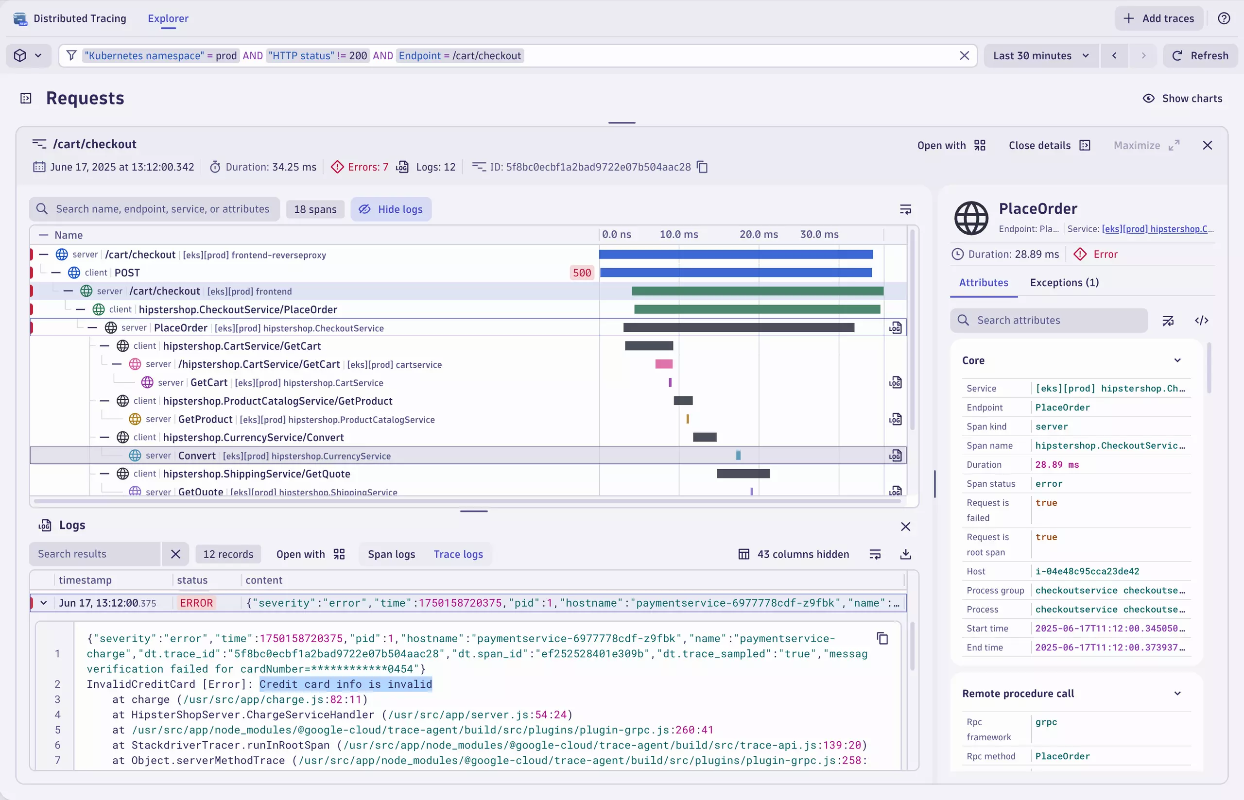 Interactive trace waterfall view showing end-to-end request flow