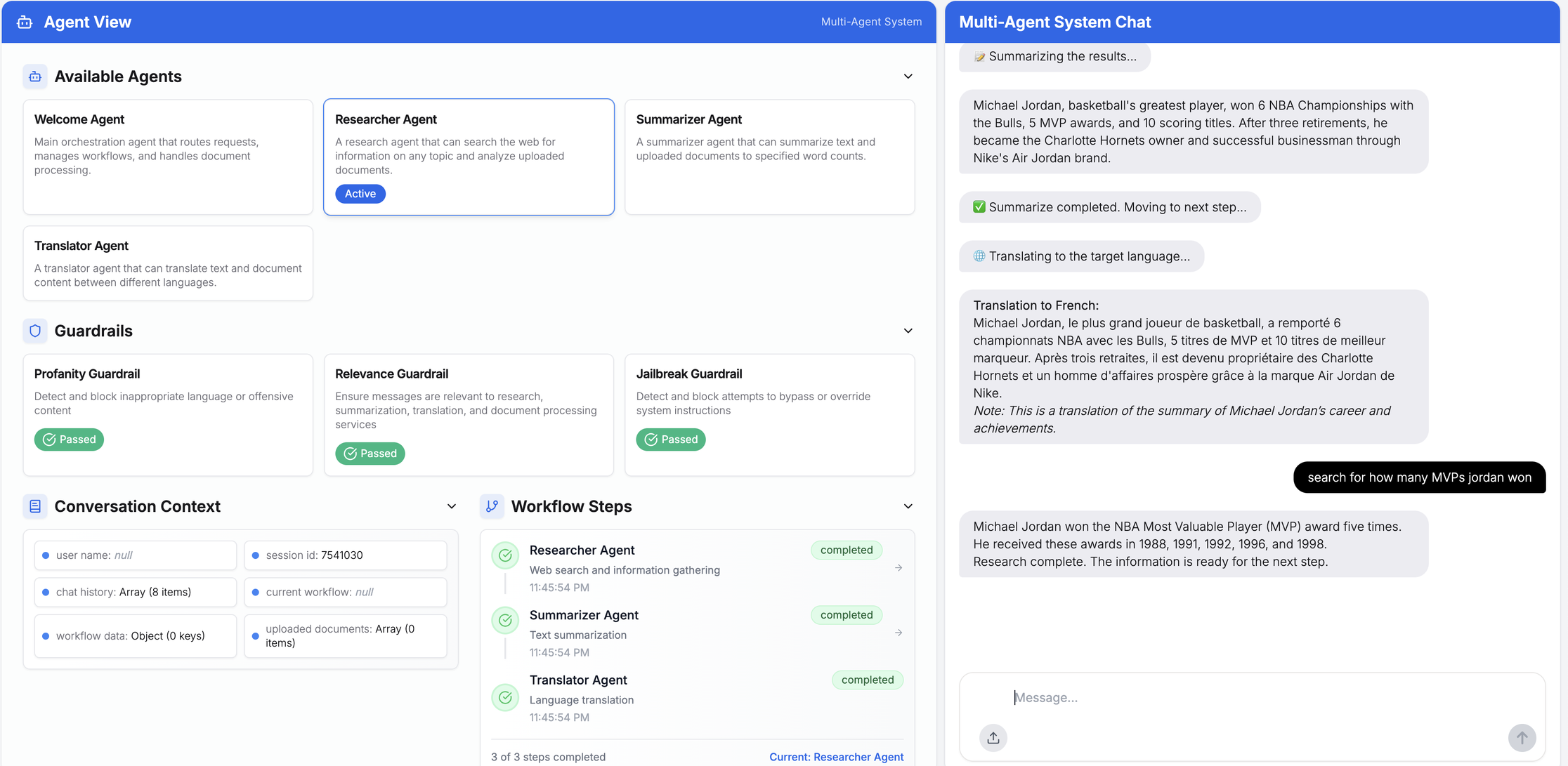 Additional user input triggering translator, researcher, and response in the sample agentic AI application
