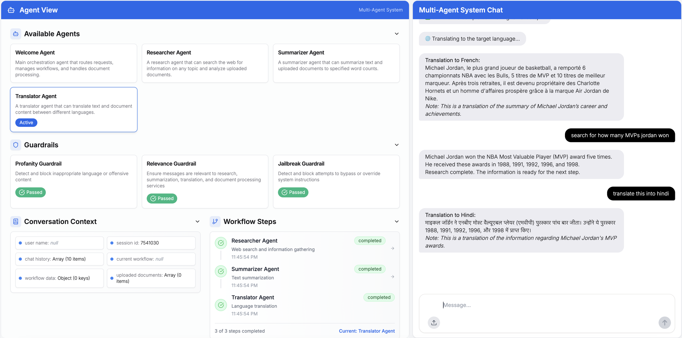 Researcher agent handing off to the translator for translation to Hindi