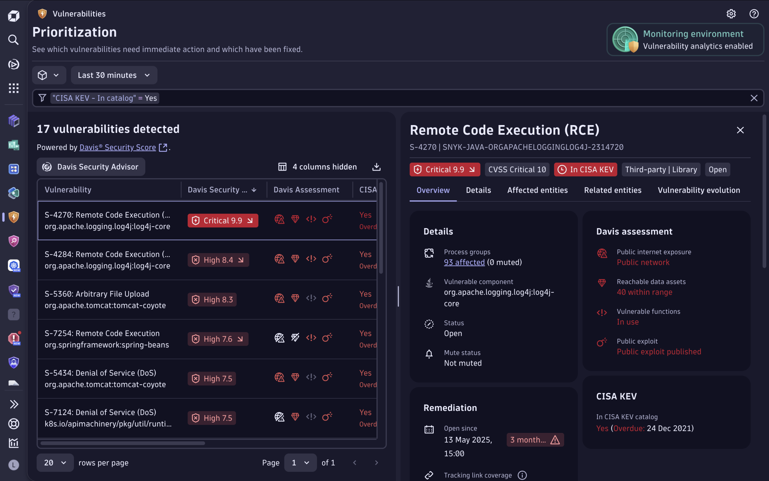 Vulnerabilities prioritization in Dynatrace