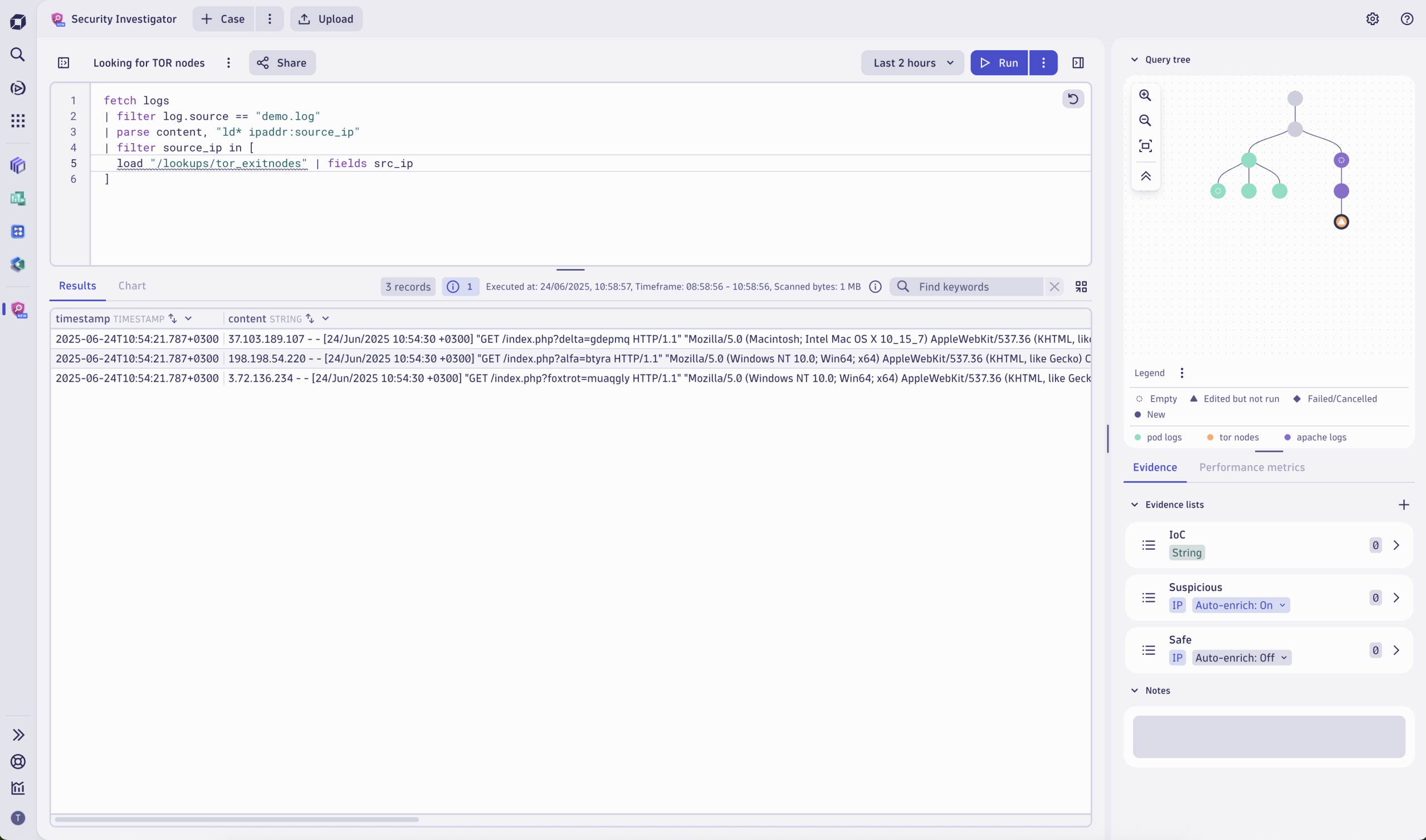 Lookup data in Security Investigator: Use a DQL query to filter log entries and cross-reference IP addresses against a lookup table containing known malicious IP addresses.
