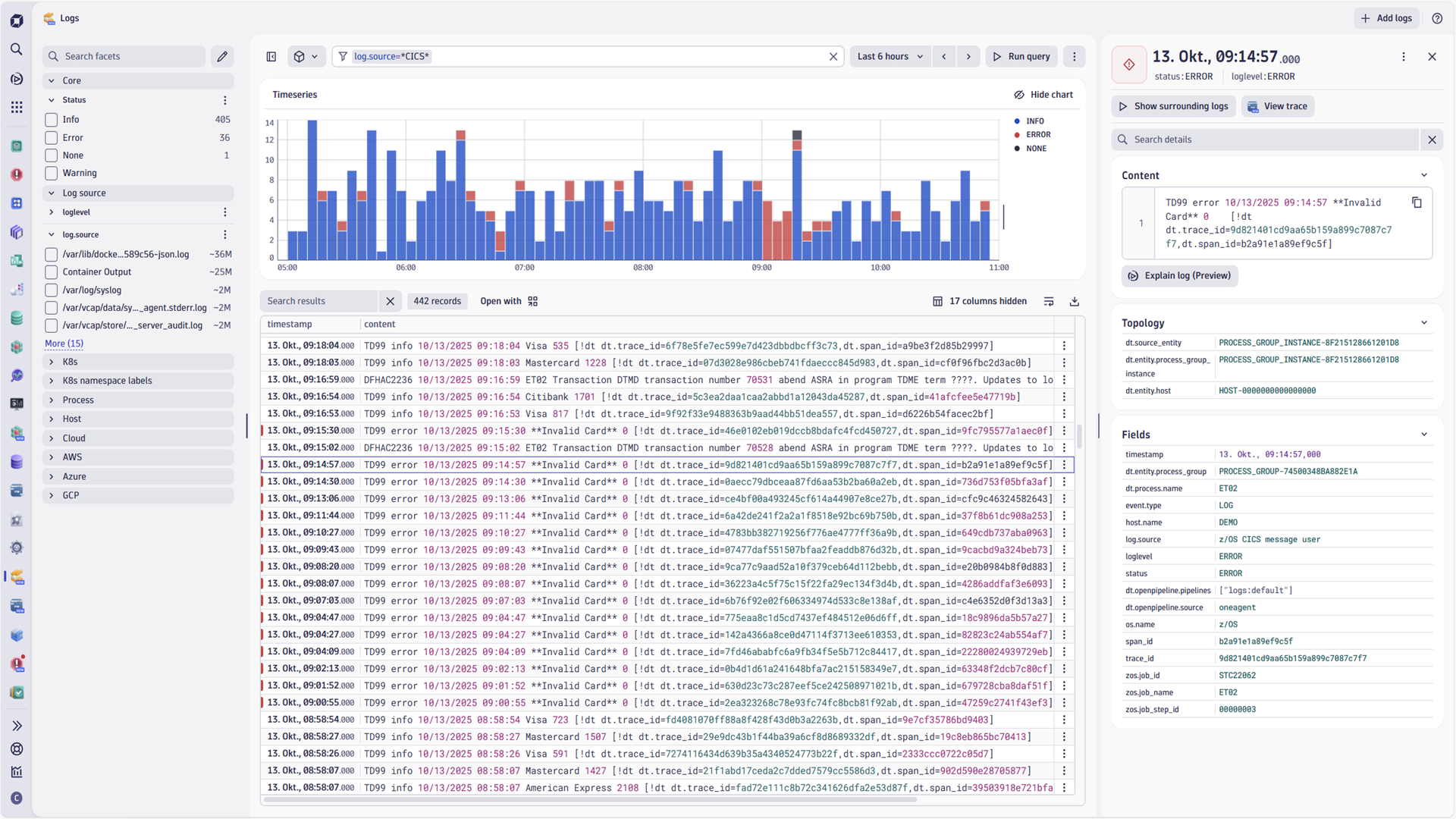 Dynatrace can map log lines to a specific z/OS trace, which allows you to directly navigate to the trace that created the specific log line (via “View trace”).