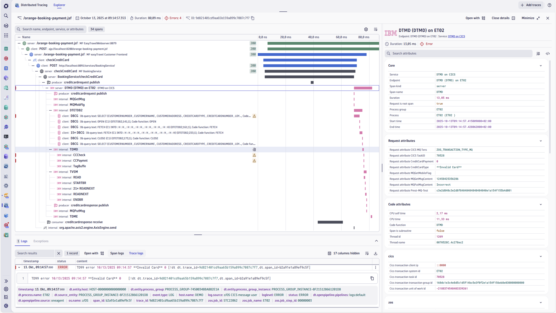 This example shows an end-to-end trace and the log line that was written by a CICS COBOL program