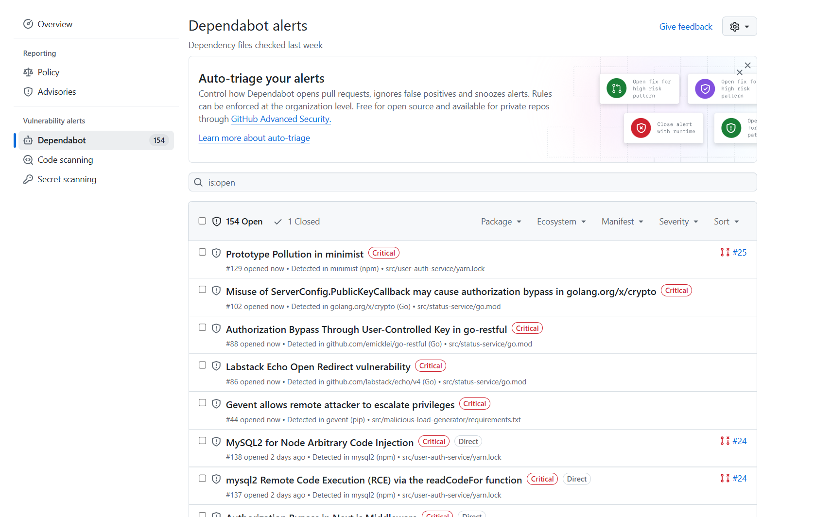 Dependabot alerts page