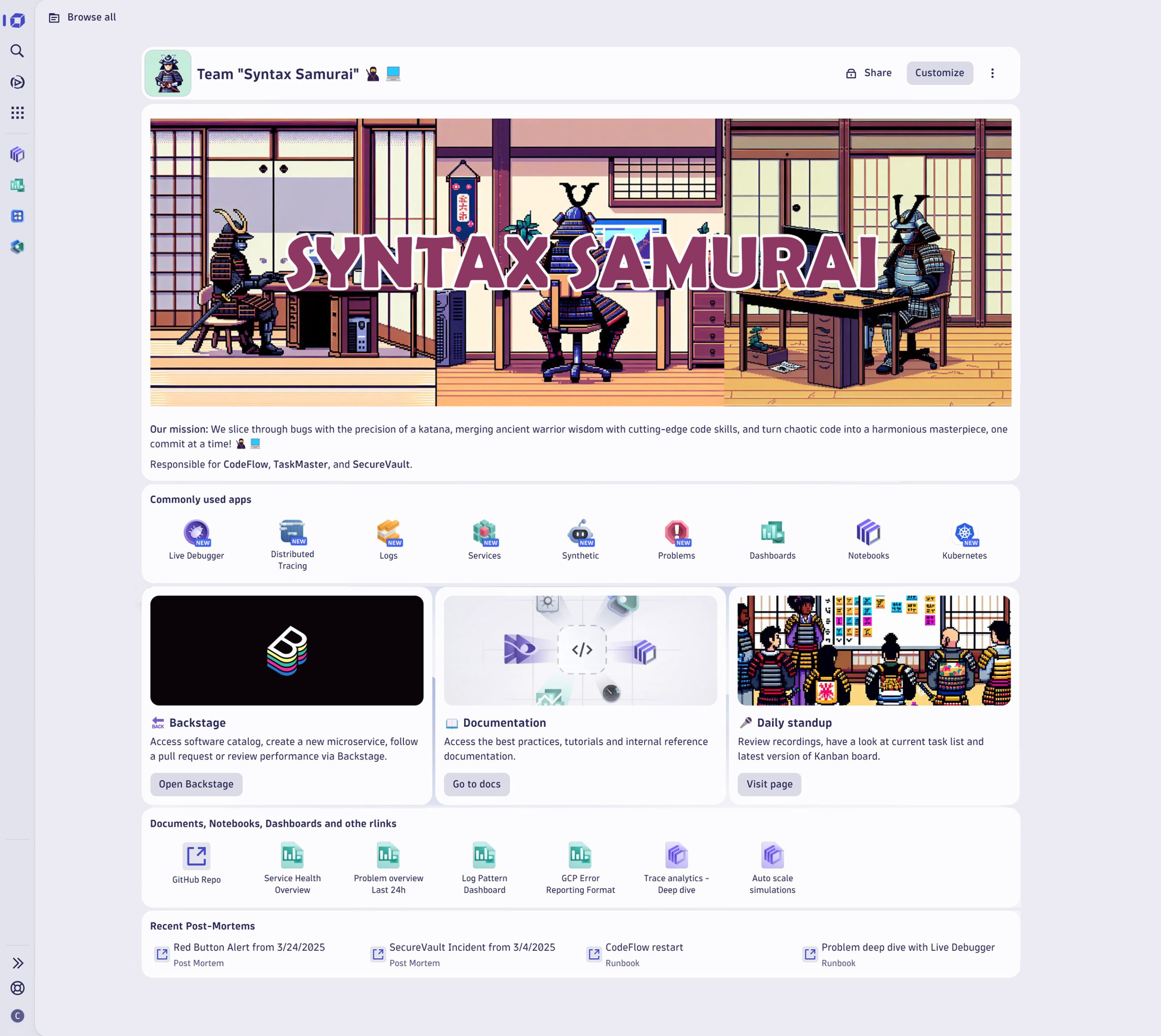 This home page is the entry point for a team of developers who work with Dynatrace on a daily basis. It includes links to daily routines, relevant content, and documents.