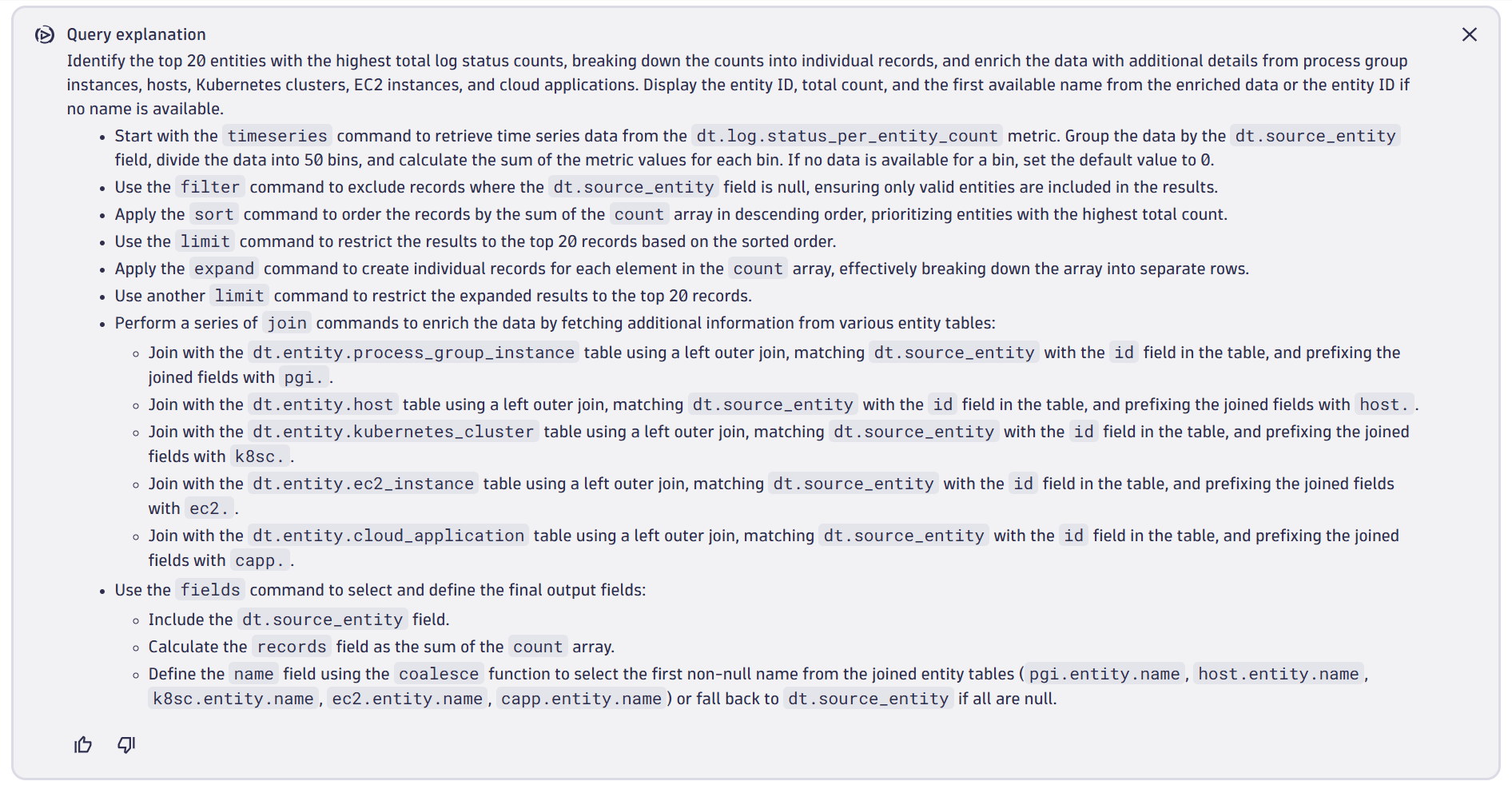 Davis CoPilot explains a query of the top 20 log producers in your system query explanation