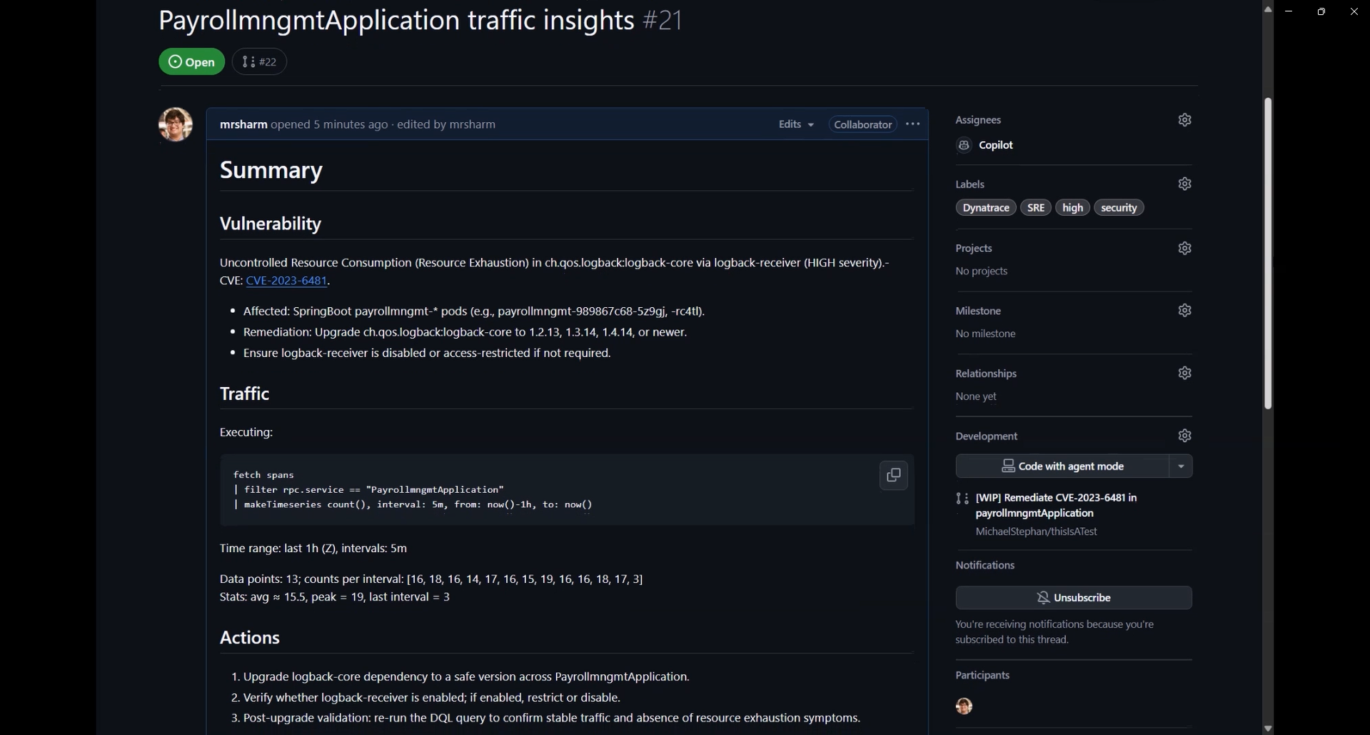 Azure SRE automatically creates a GitHub issue with all the details.