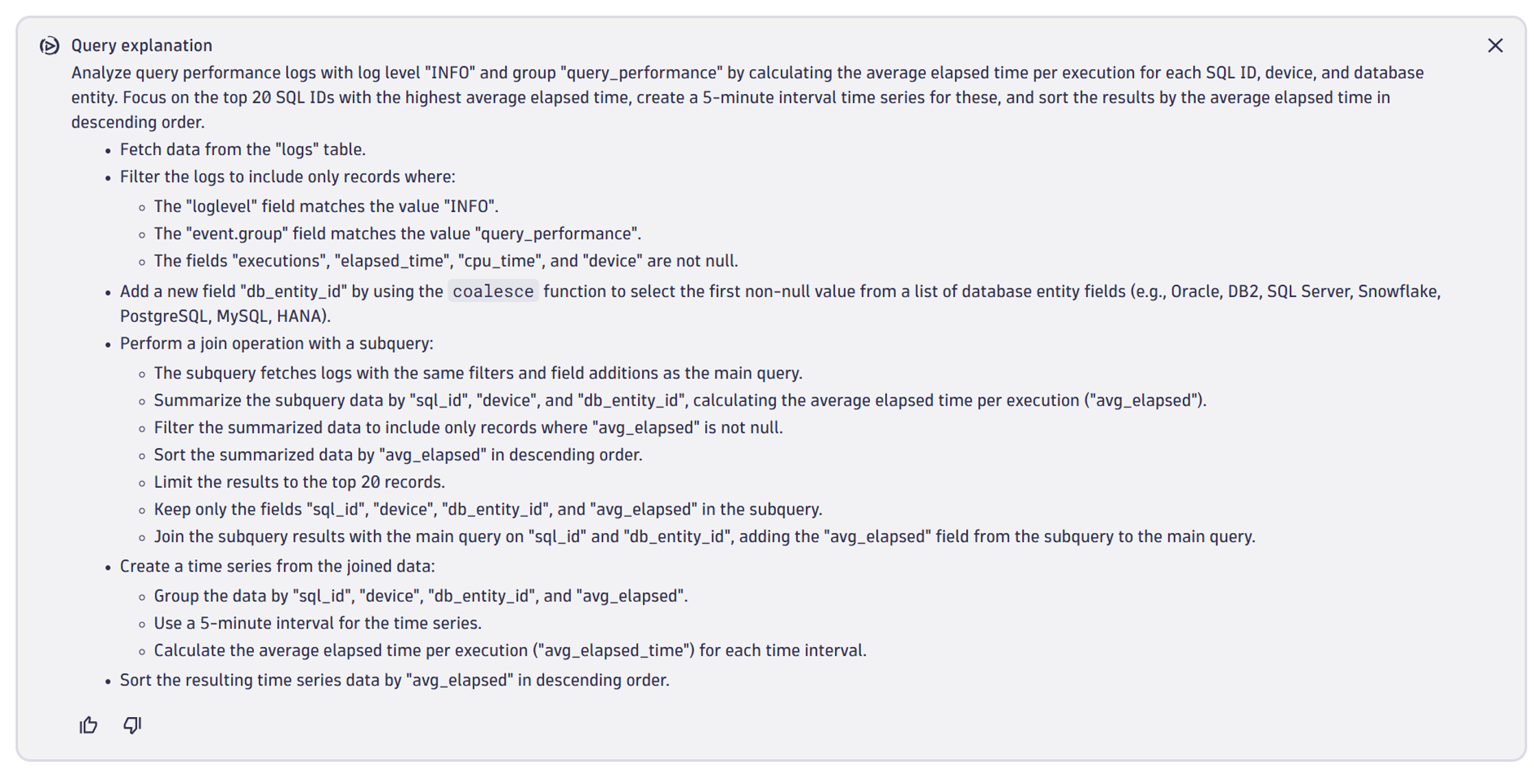 Davis CoPilot explains a query that identifies the 20 most resource-intensive statements from Oracle databases queries explanaion