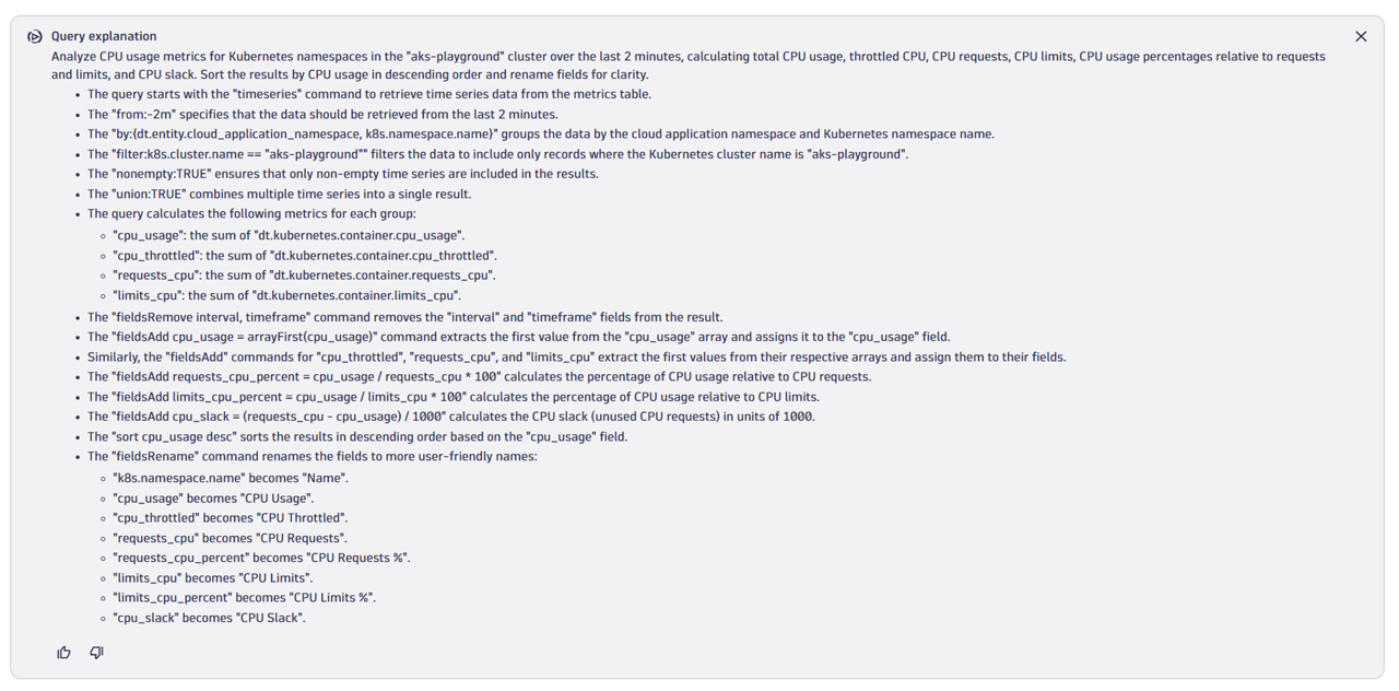 Davis CoPilot explains a query returning CPU quotas per Kubernetes namespace query explanation