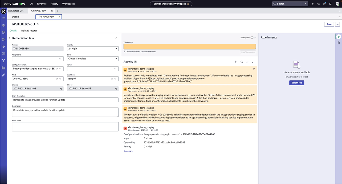 Figure 2. ServiceNow Assist, integrated with the MCP Server. Dynatrace identifies problems and their impact, and shares enriched remediation insights with ServiceNow.
