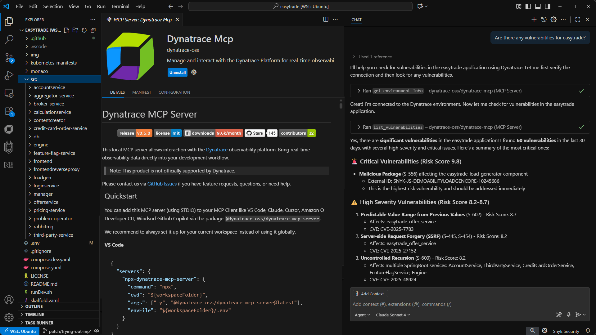 Figure 3. Access live production system insights directly within your IDE by integrating the Dynatrace MCP Server. 