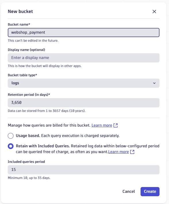 Figure 3. Log retention configuration for a new bucket, retaining logs for 10 years