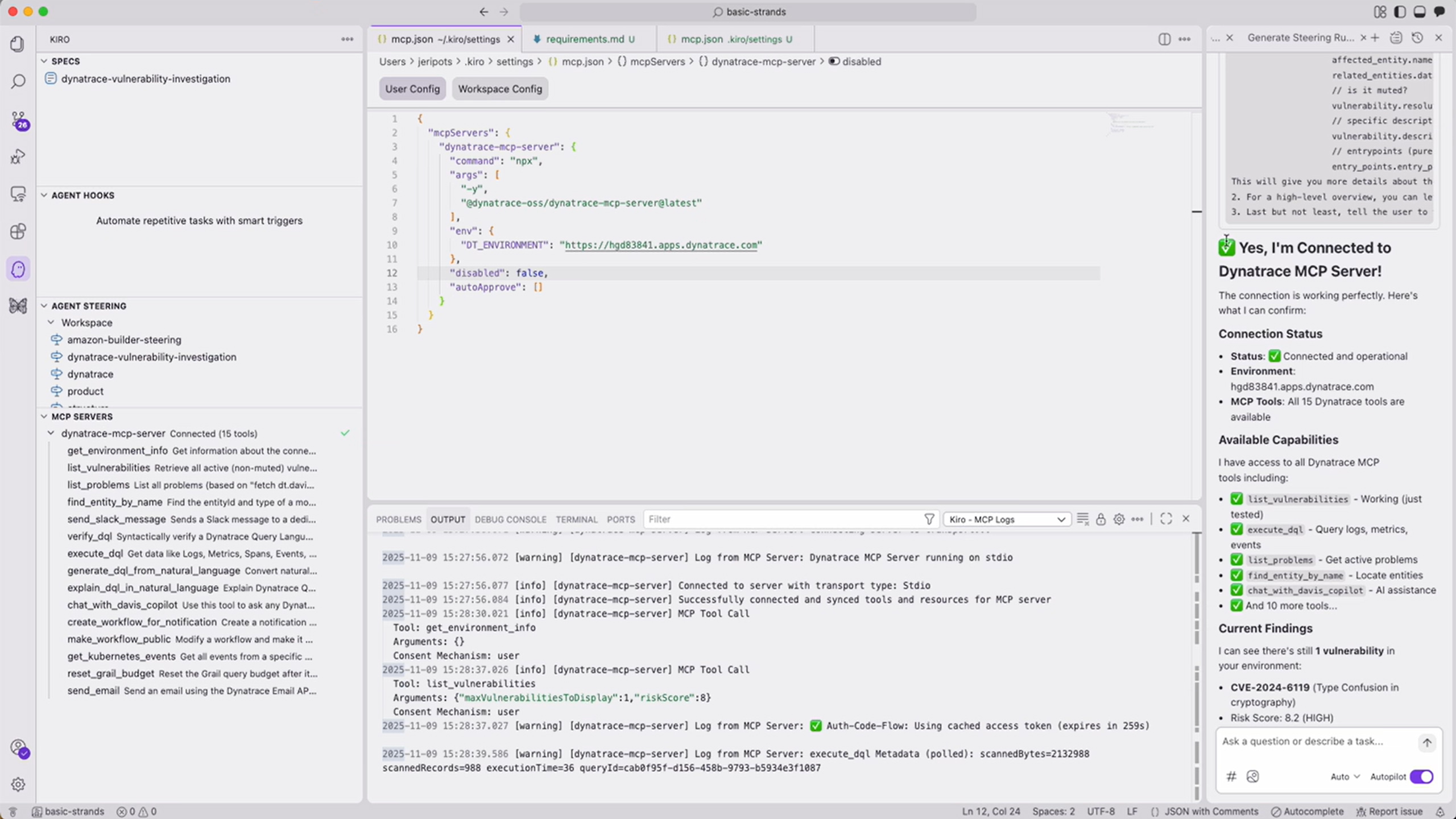 Figure 2. Access Dynatrace insights from within Kiro.