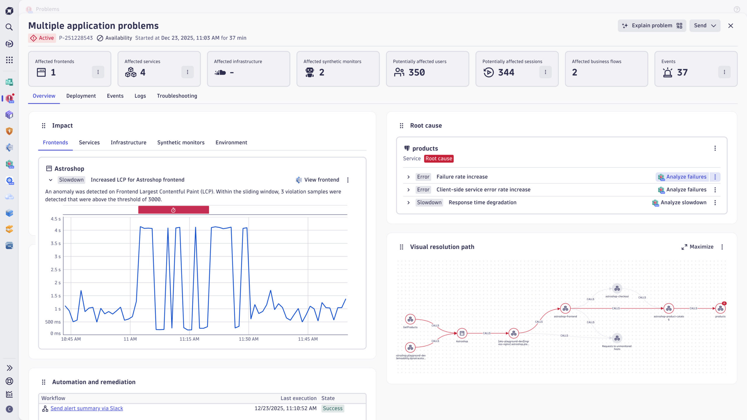 Figure 1. The Visual Resolution Path visually traces the service flow and dependencies of the root cause analysis.