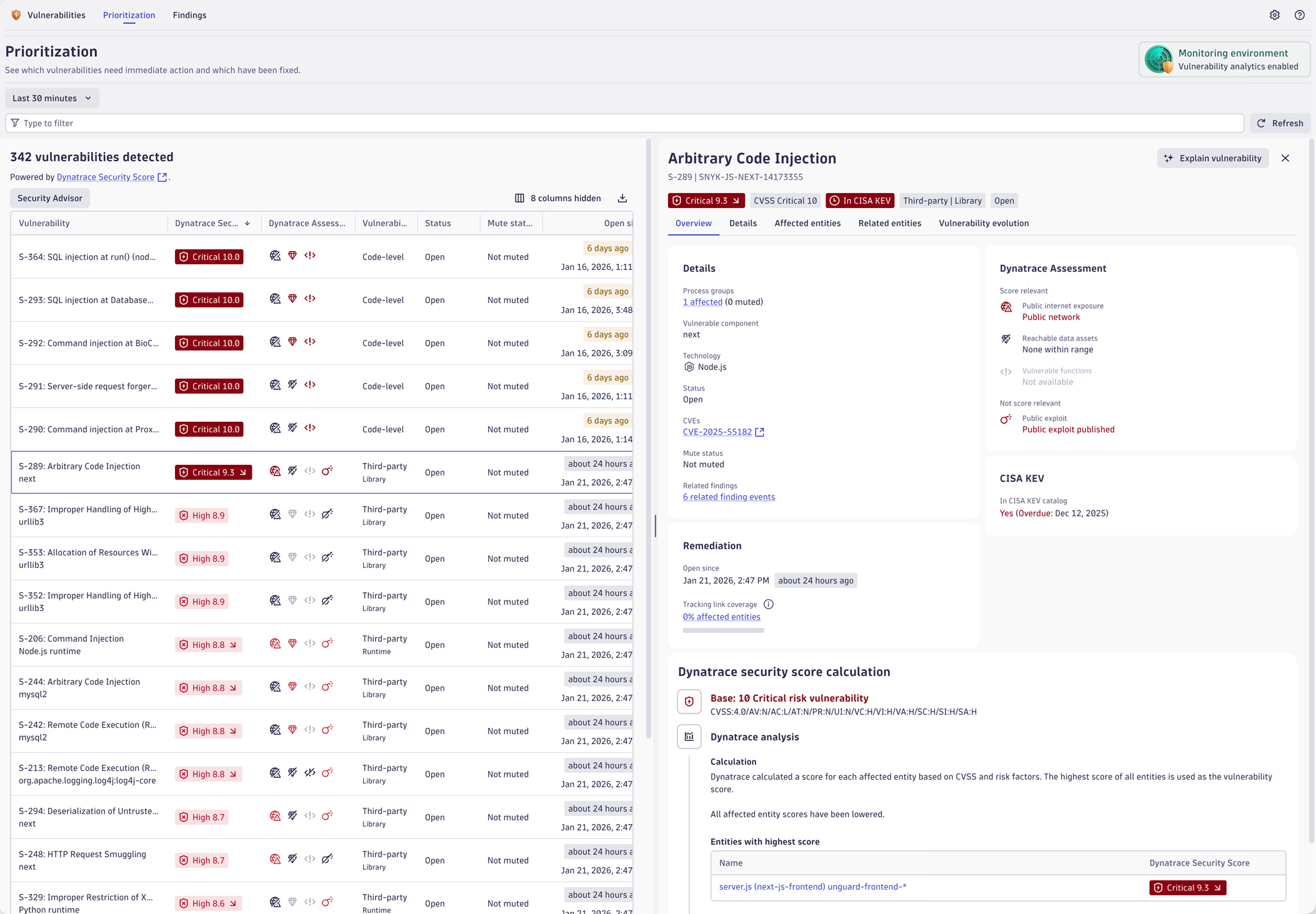 Figure 2. Dynatrace Runtime Vulnerability Analytics