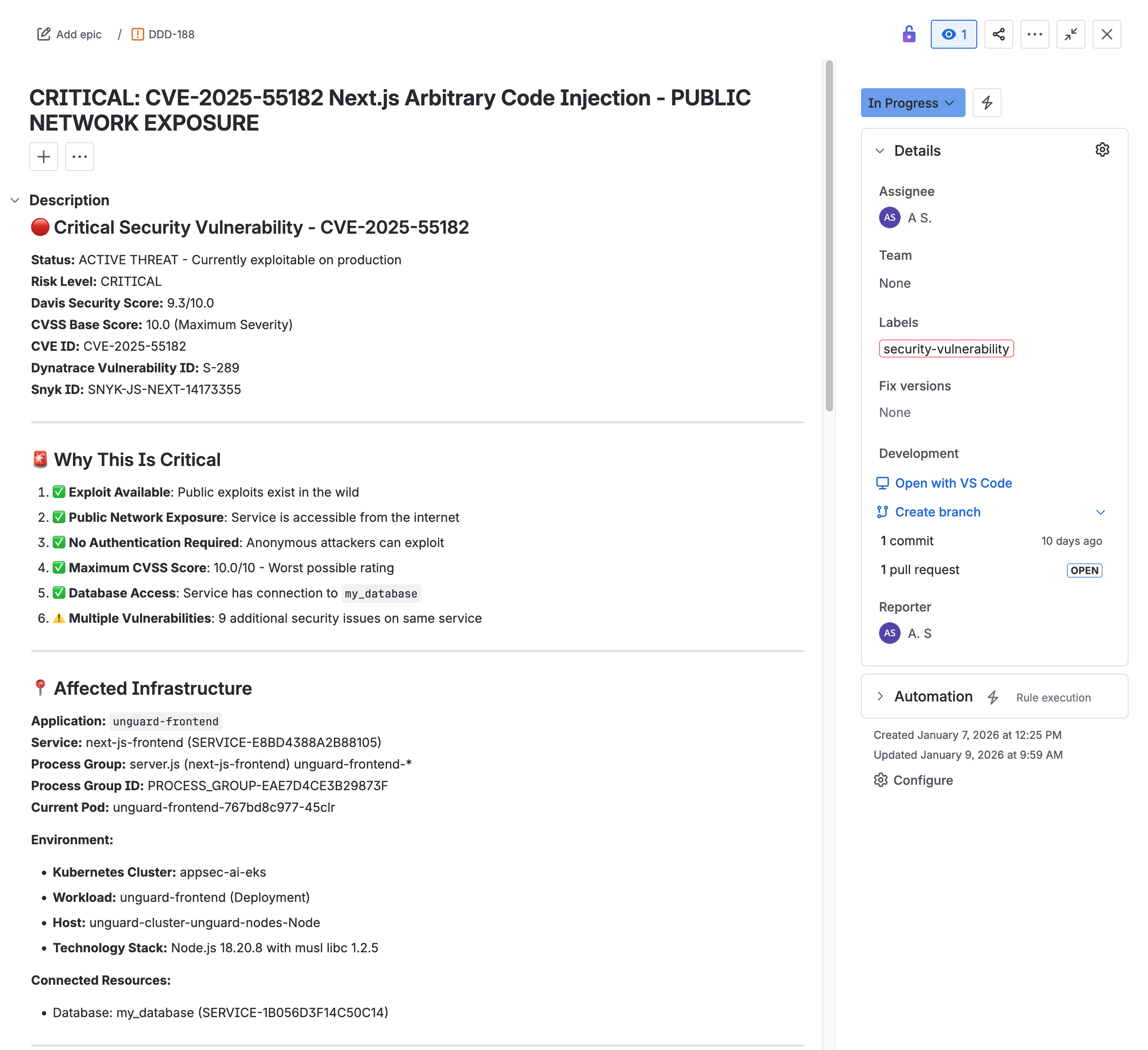 Figure 4. Jira ticket created from the reported vulnerability