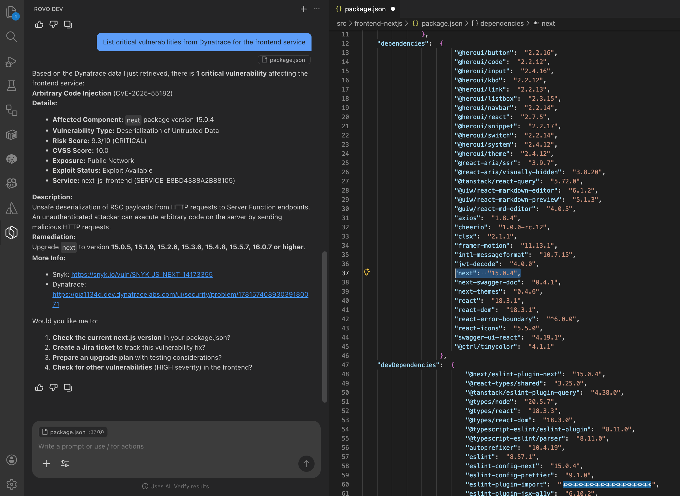 Figure 3. Rovo Dev listing critical vulnerabilities reported by Dynatrace RVA