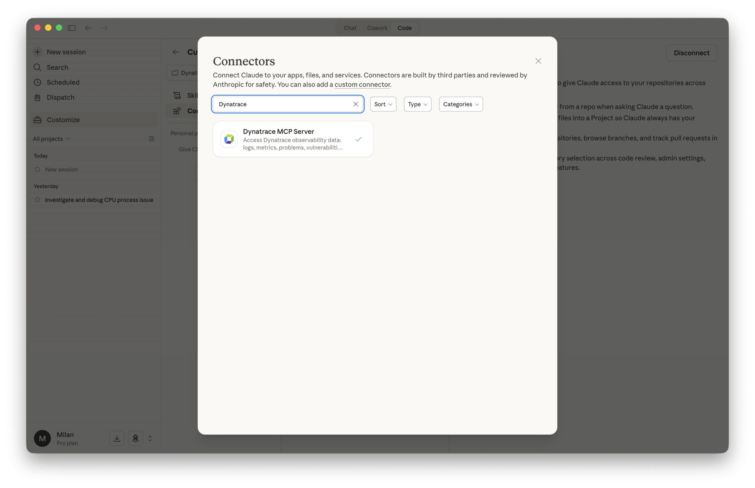 Figure 1. Dynatrace MCP Server connector setup in Claude