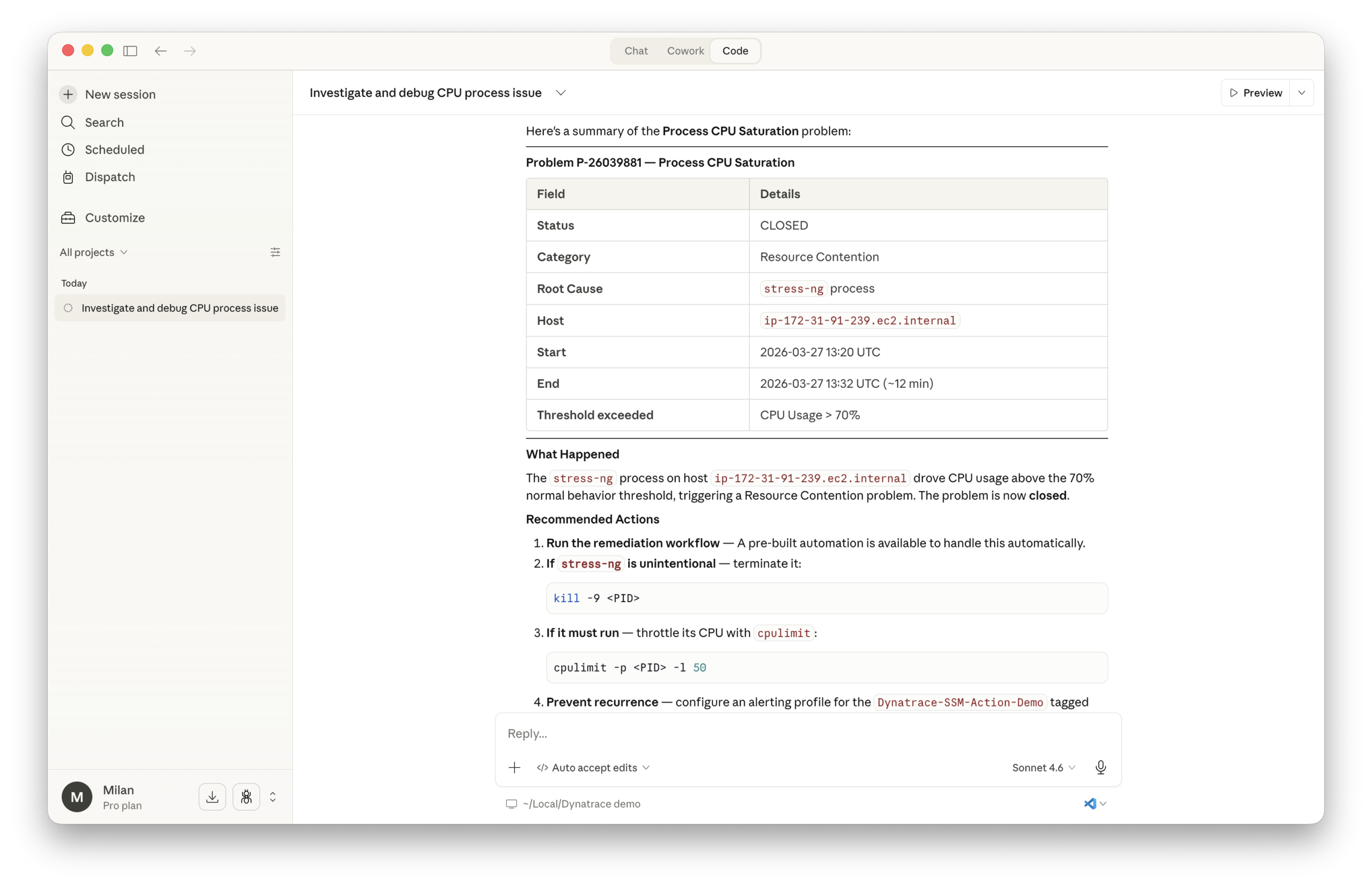 Figure 2. Claude gets the problem description and production data via the Dynatrace MCP Server.