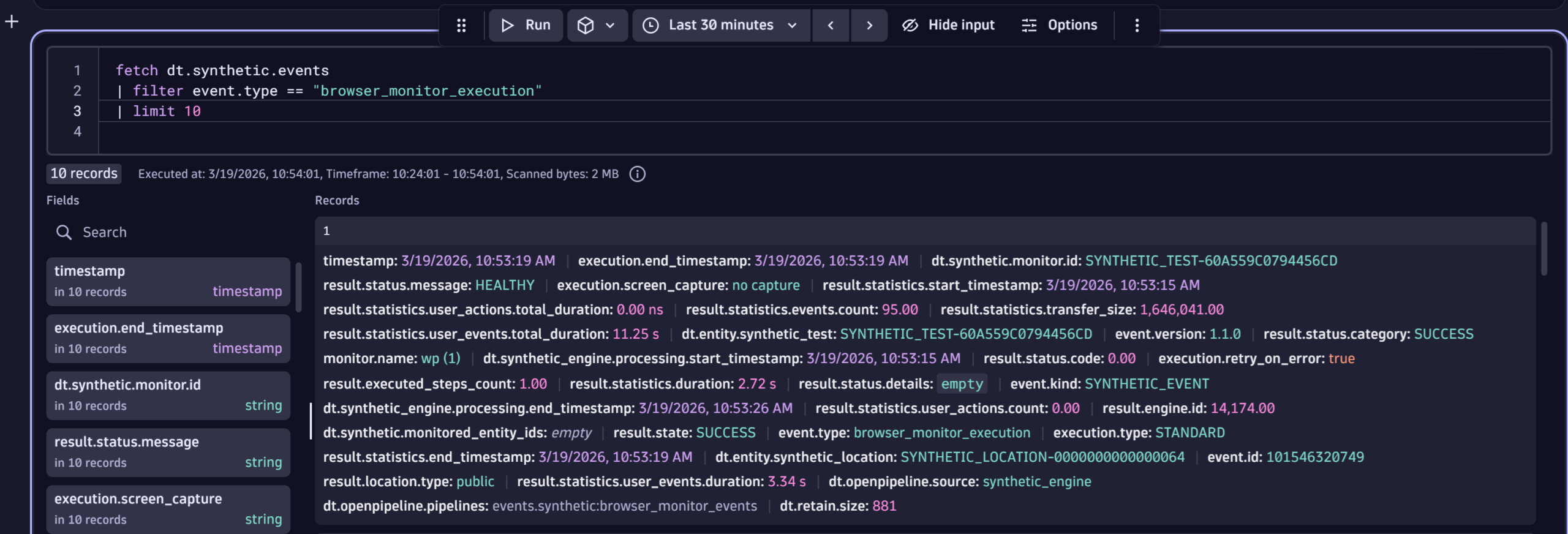 Figures 5 and 6. Details of Synthetic browser monitor events queried in Grail using DQL.