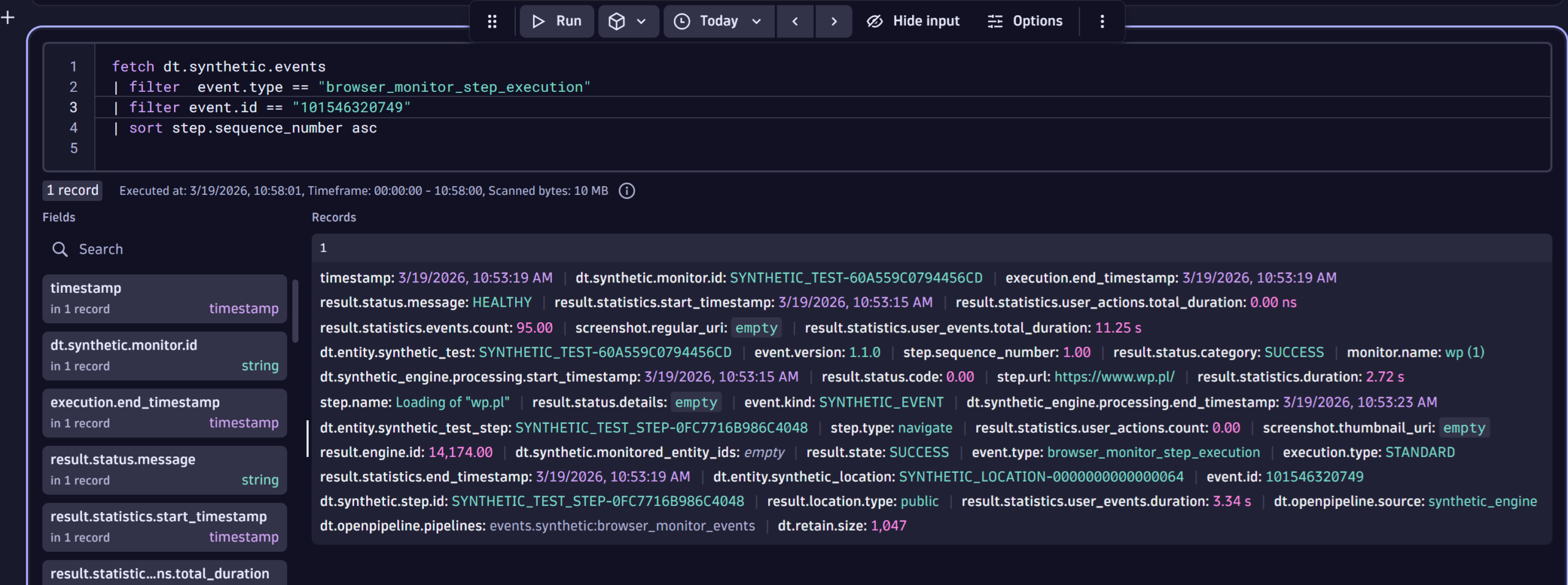Figures 5 Details of Synthetic browser monitor events queried in Grail using DQL.