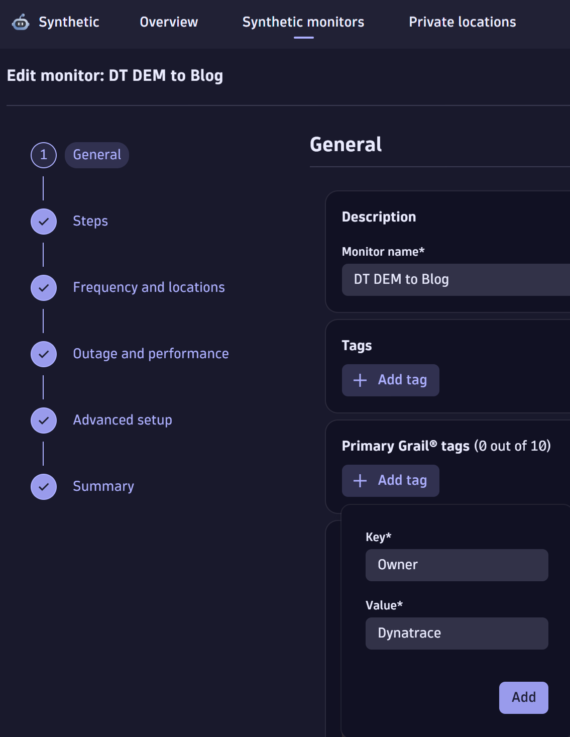 Figure 9. Defining a primary Grail tag for browser monitor in the Synthetic app