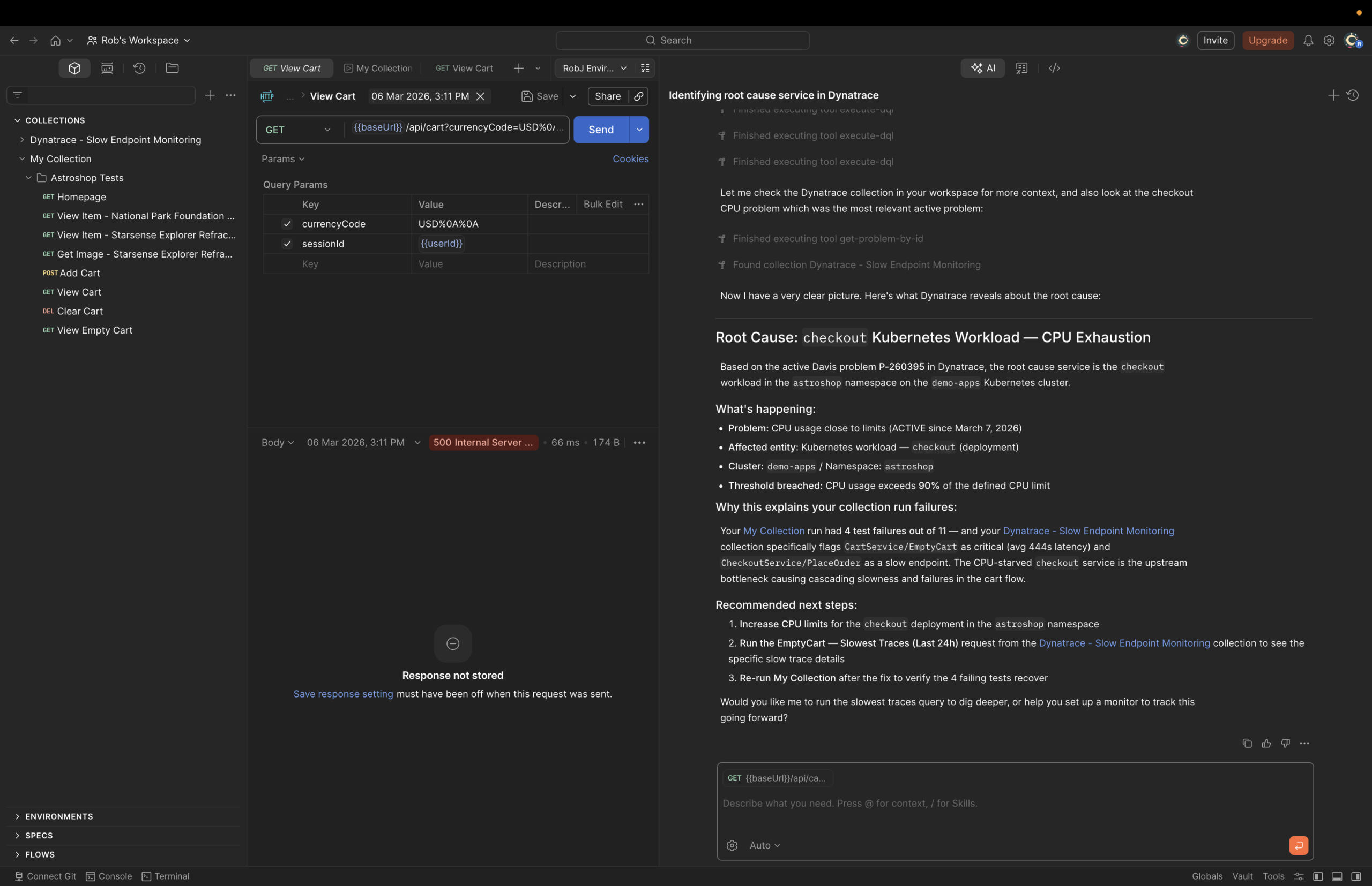 Holistic overview of an application monitored by Dynatrace in Postman