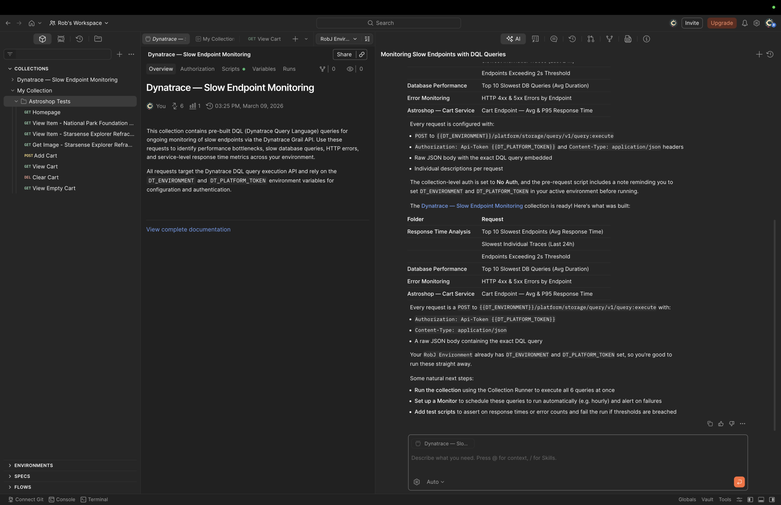 Configuring scheduled monitoring to automatically receive insights from Dynatrace to Postman