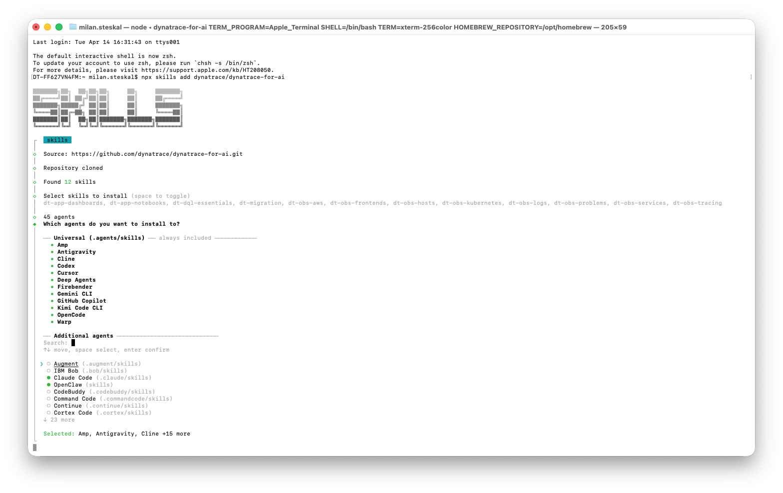Figure 1. Install Dynatrace agent skills via a terminal