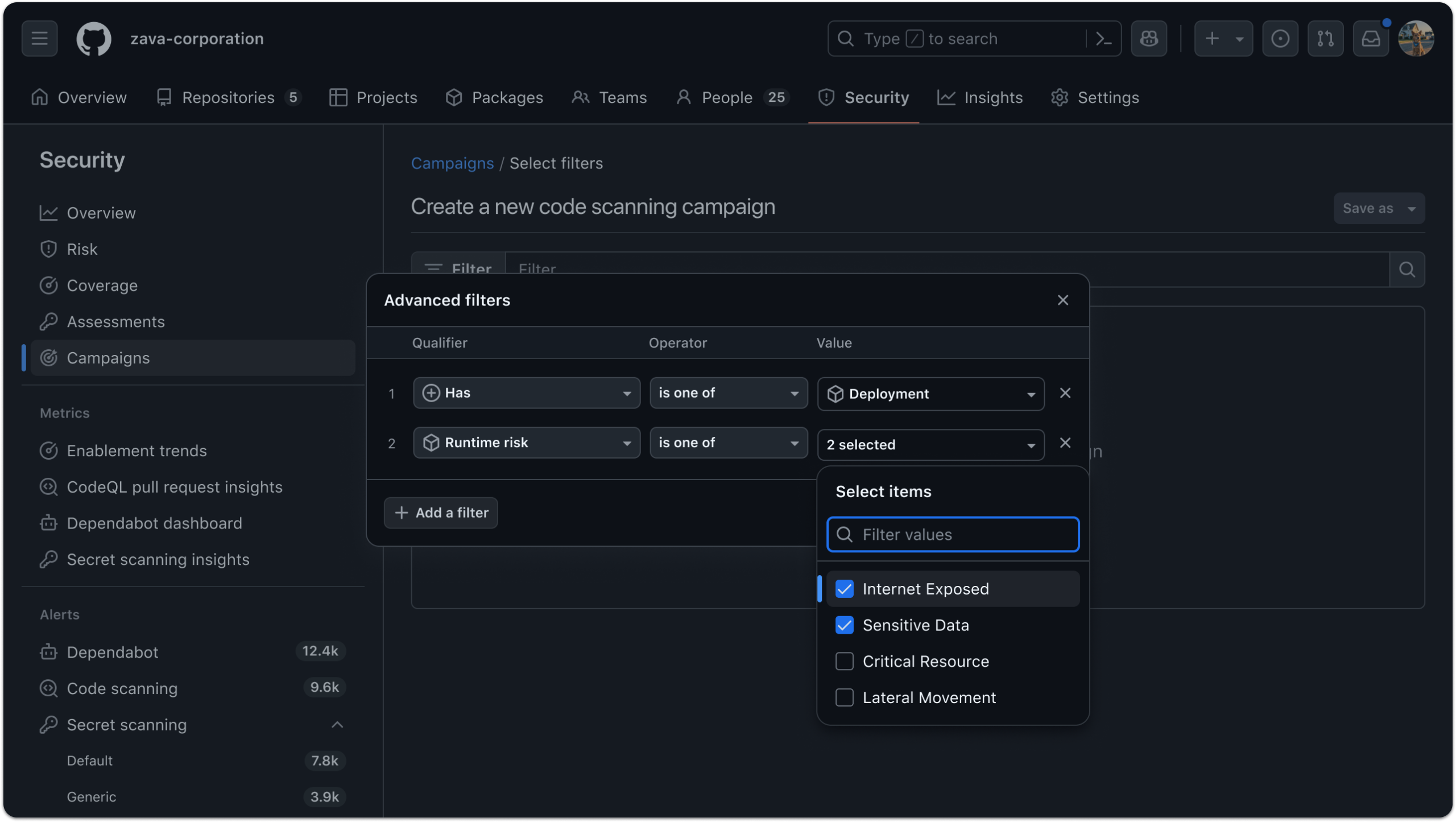 A sample filter of Dependabot alerts on the organizational level, focusing only on the vulnerabilities of deployed images with internet exposure: has:deployment AND runtime-risk:internet-exposed