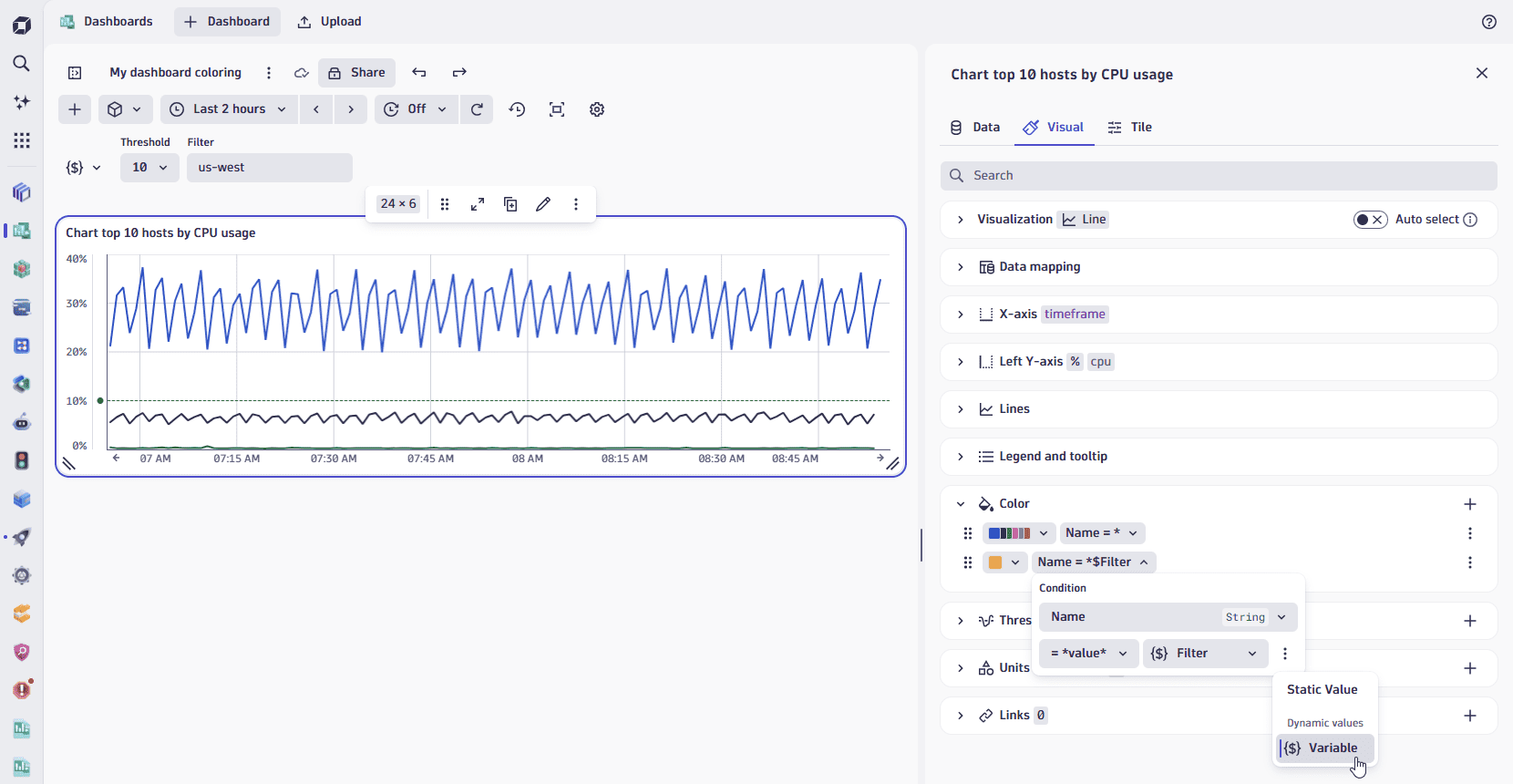 Use dashboard variables for dynamic coloring and threshold conditions