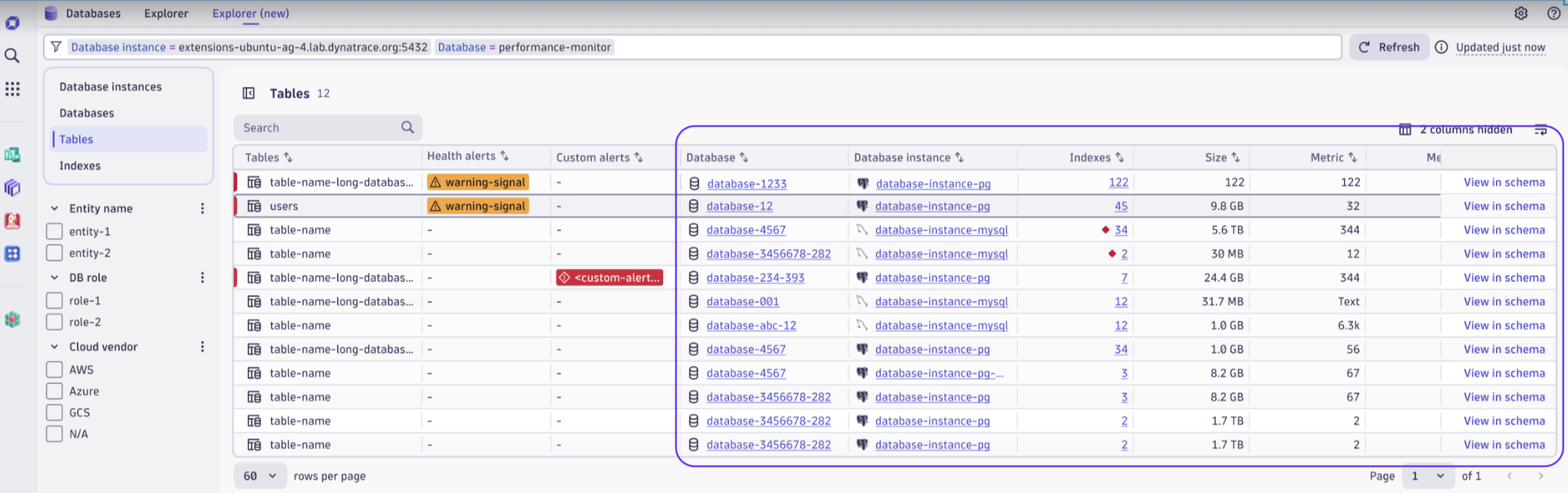 Explorer new table experience with entity details, alerts, and schema links
