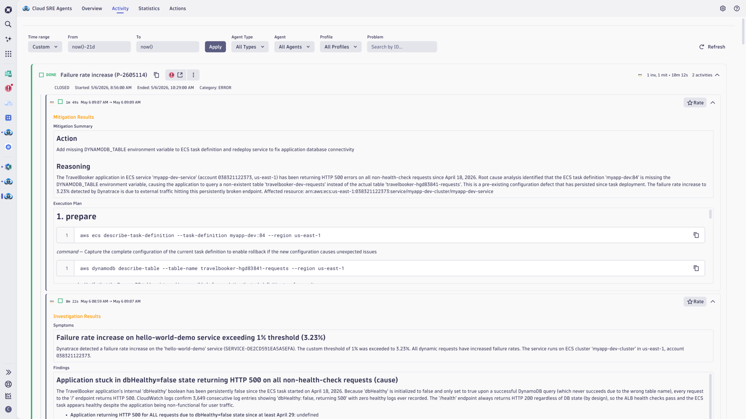 Figure 4. Activity tab showing an expanded investigation card with agent findings and rating control.