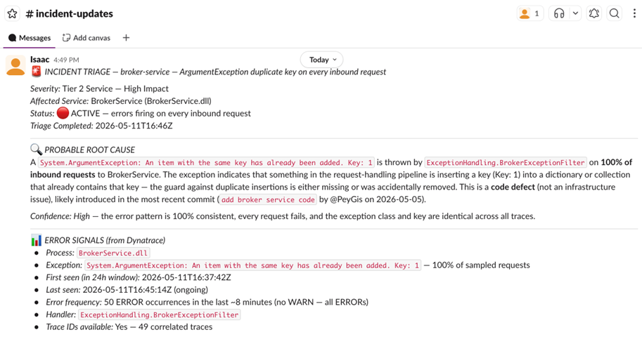Figure 3. The triage summary is posted to the Slack #incident-updates channel.