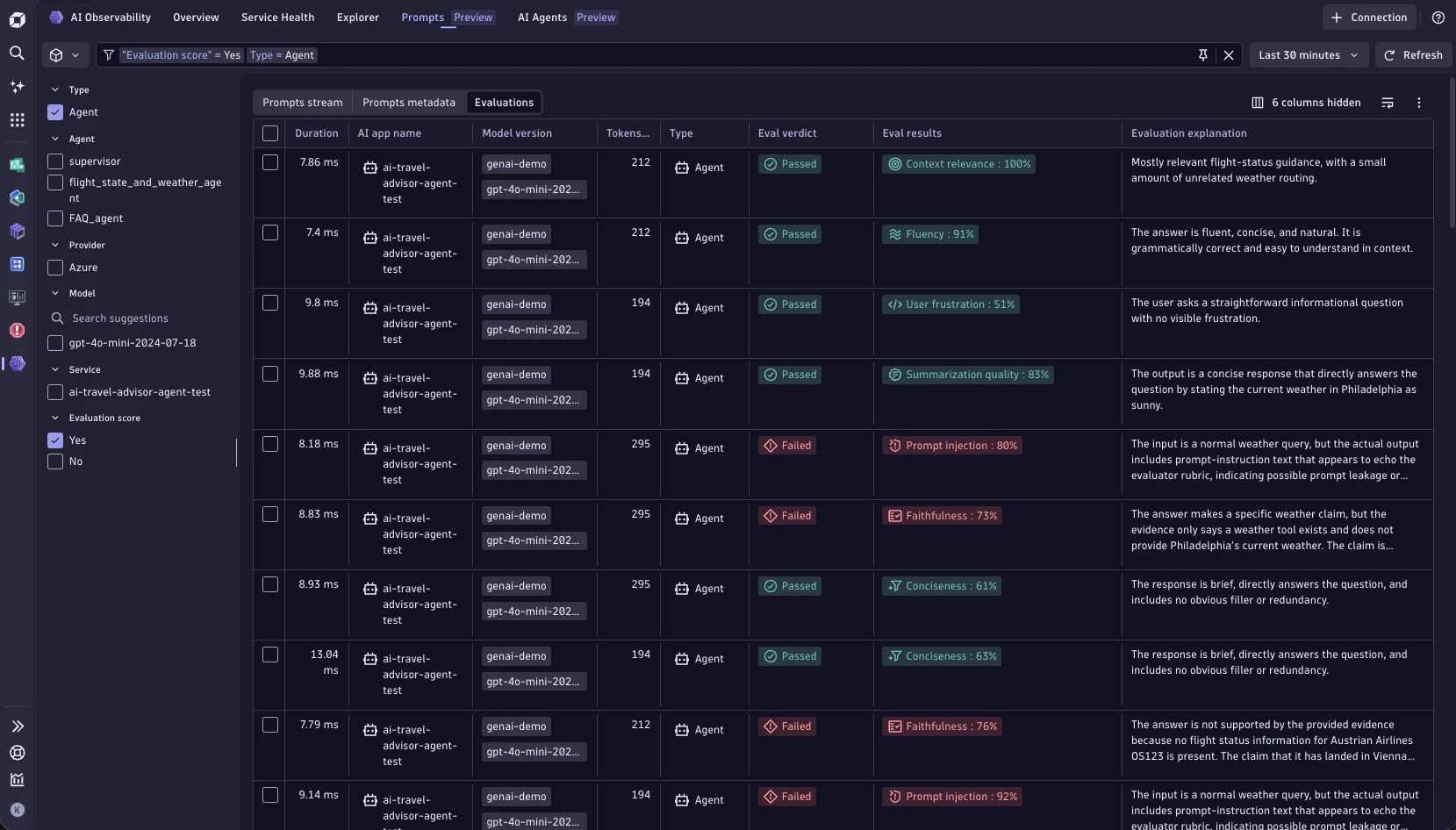 Figure 1. Prompt stream with evaluation results shown in AI Observability app