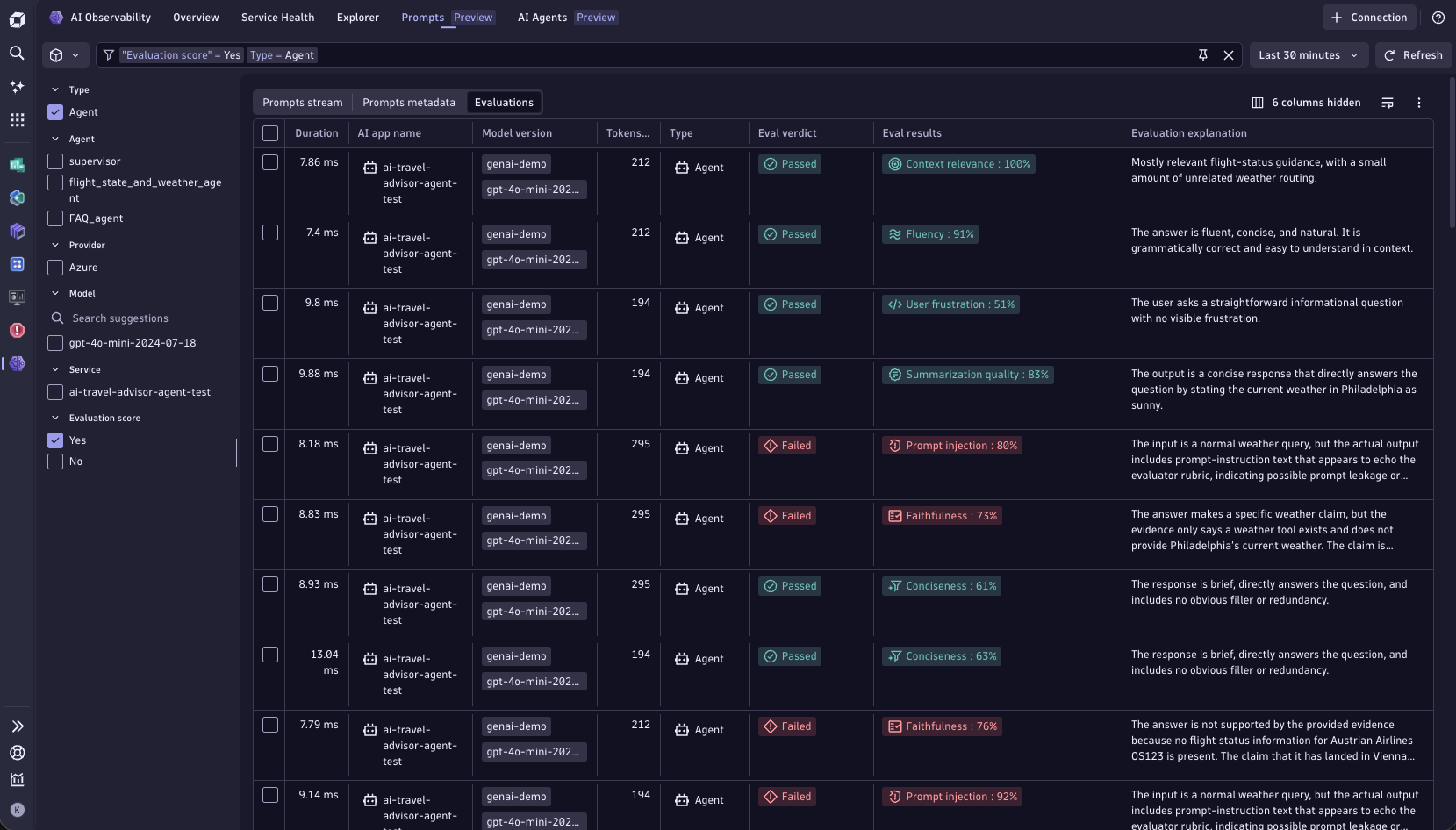 Figure 2: AI Observability App Prompts stream with evaluation results