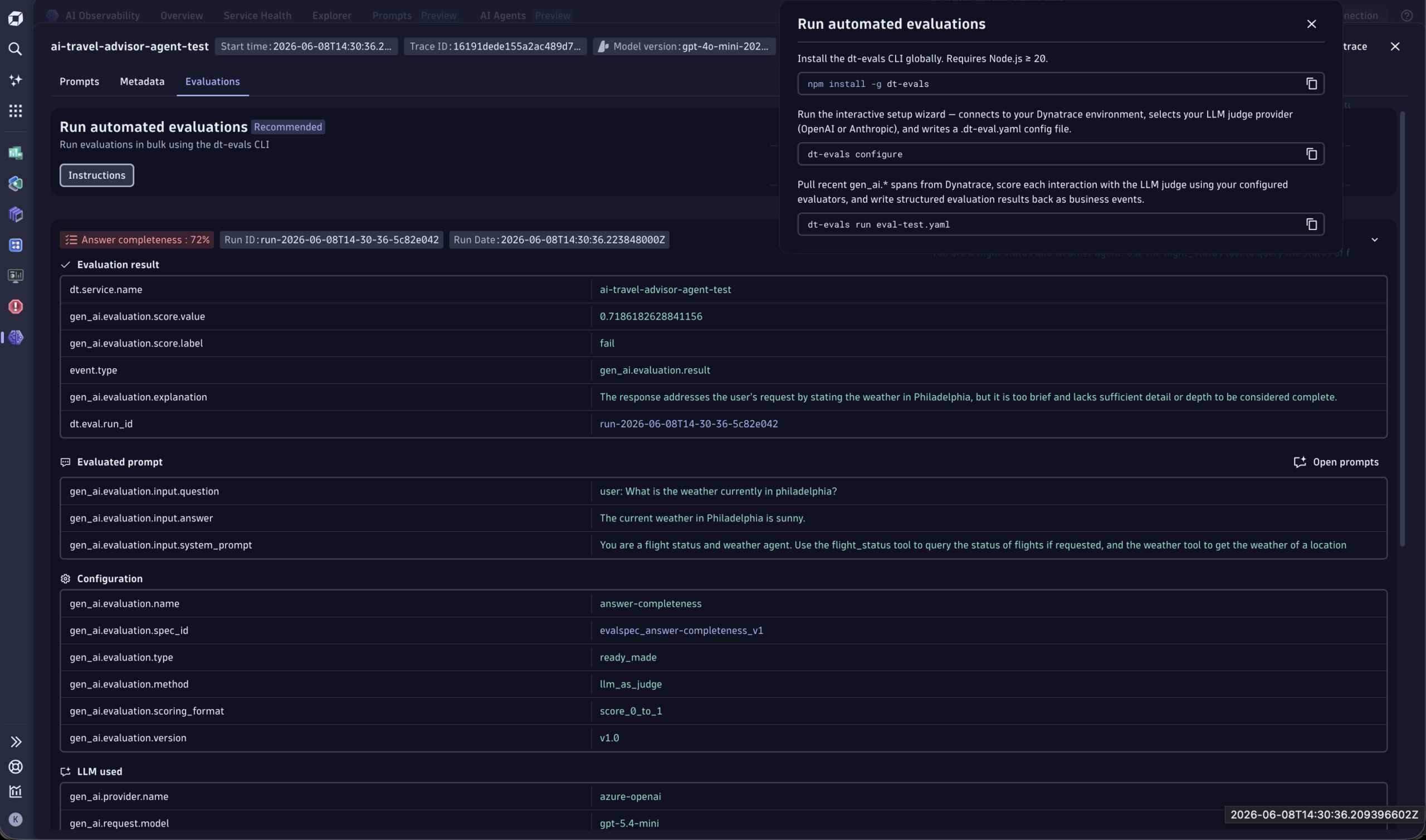 Figure 3: Prompt detail view with evaluation results and trace context in Dynatrace AI Observability