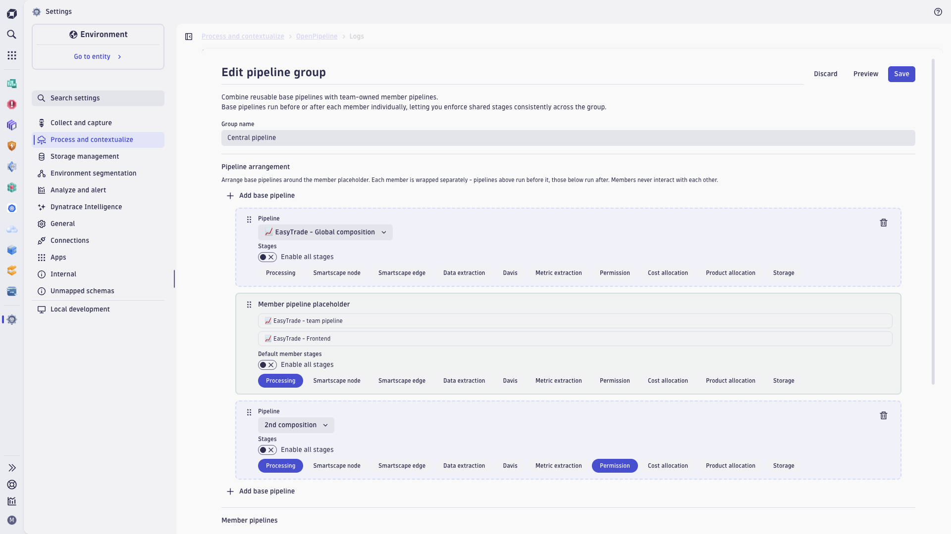 Figure 5. Pipeline groups now include a dedicated configuration interface in Early Access, making shared governance policies easier to manage across OpenPipeline pipelines.