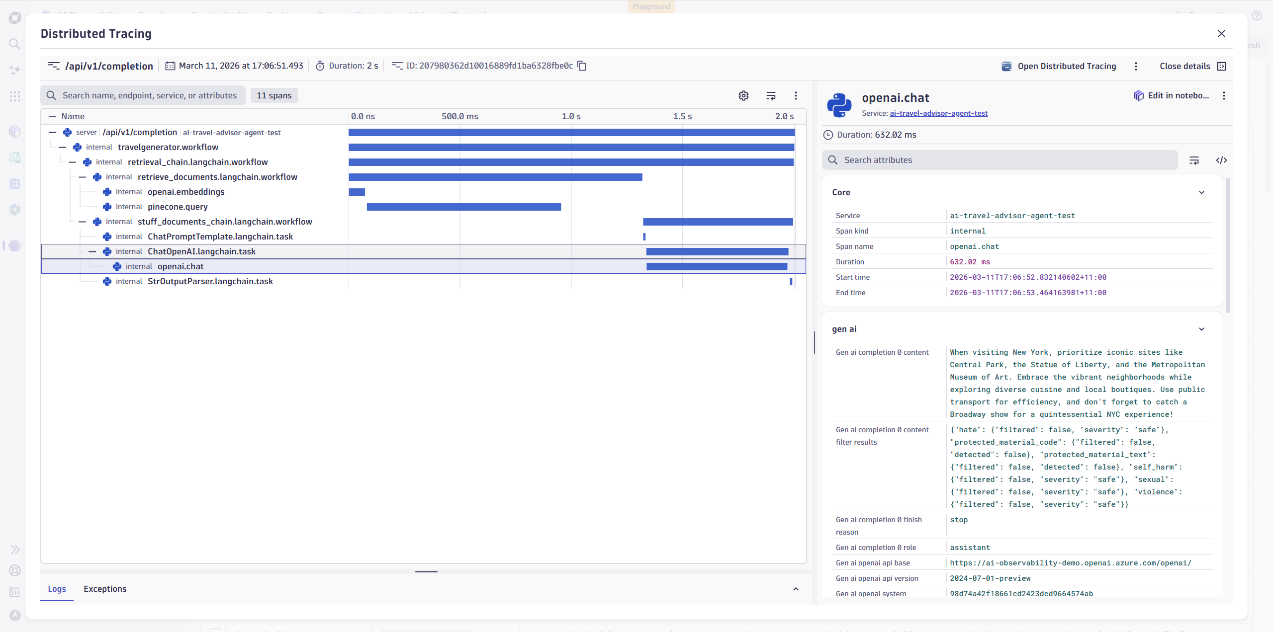 Figure 4 - This distributed trace represents the full lifecycle of a request across the LangChain workflow, highlighting where the LLM is invoked. 