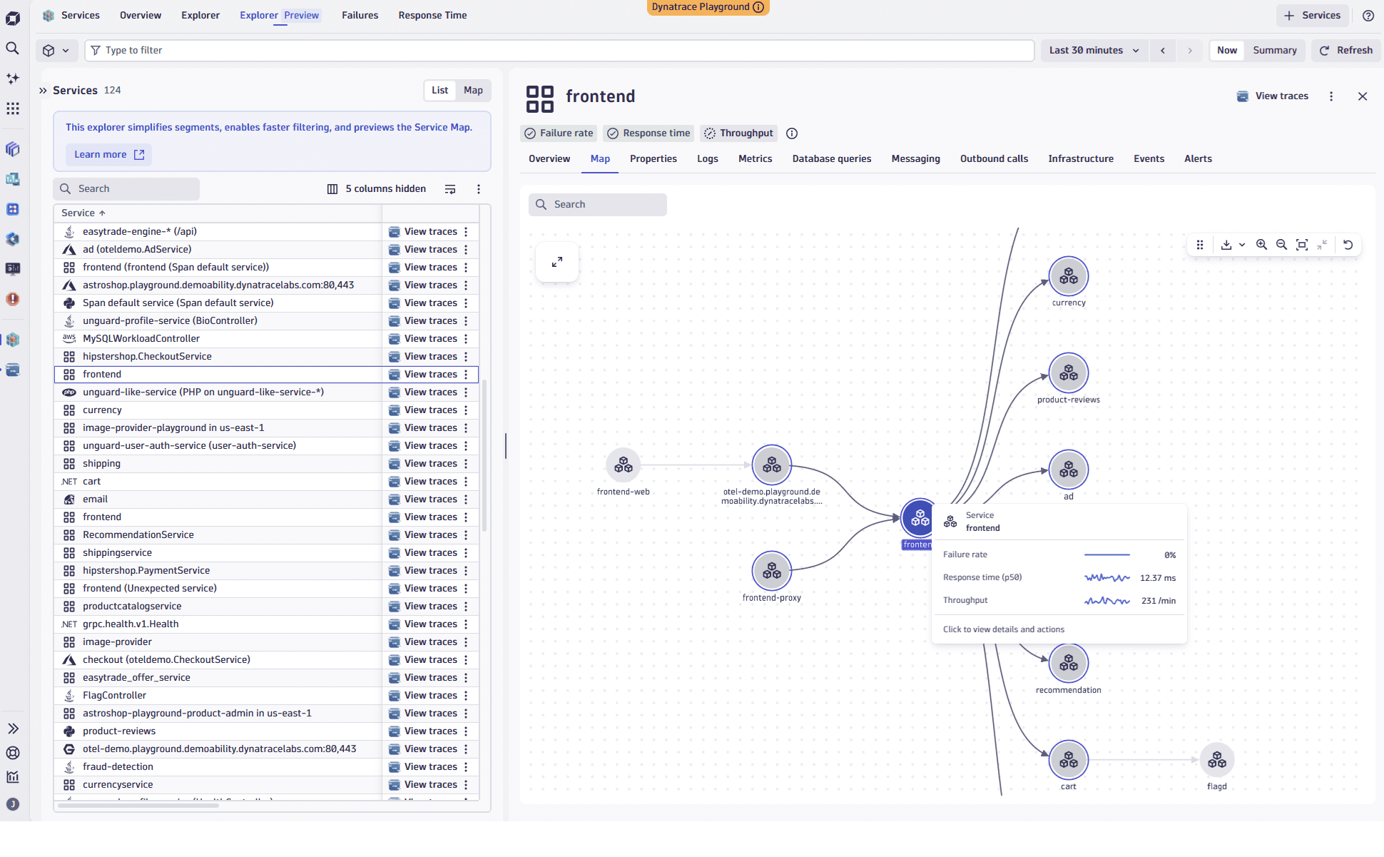 The Services Explorer service map overlaying performance indicators on service-to-service relationships to pinpoint blast radius during an incident.