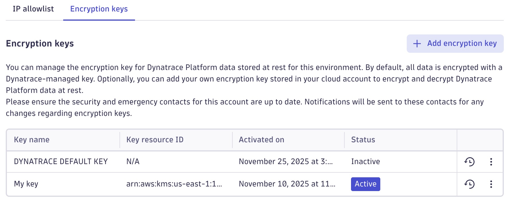 BYOK configuration page in Dynatrace Account Management