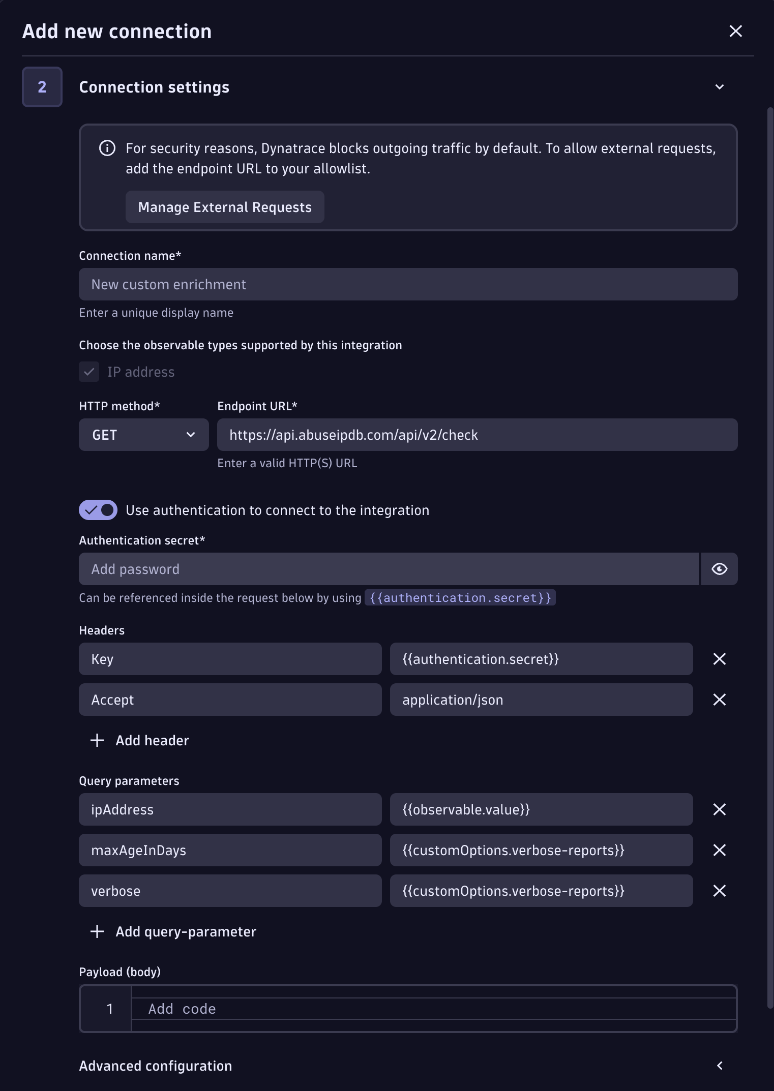 Security Enrichment connection settings