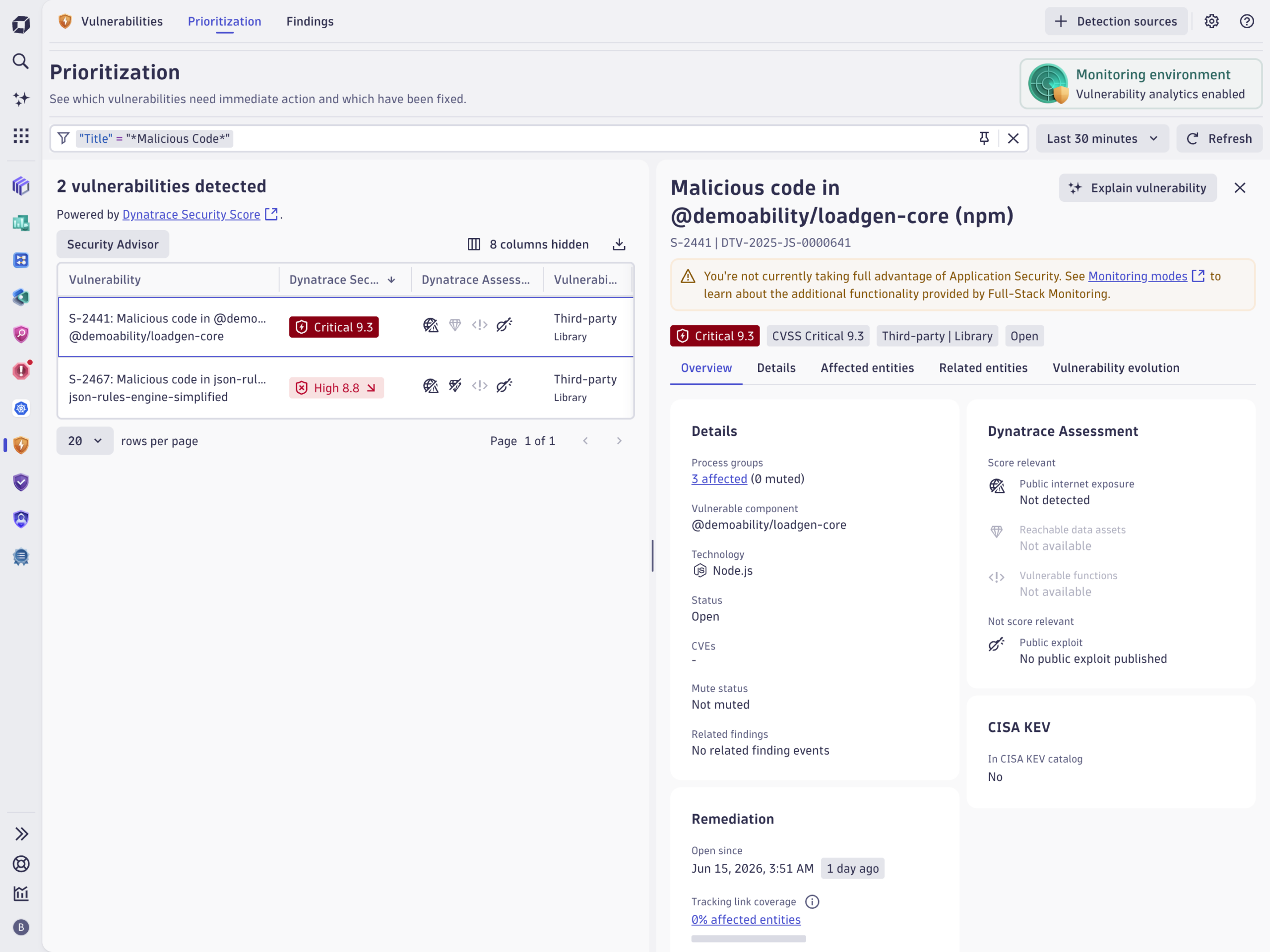 Figure 1. Malicious package detection in the Dynatrace Vulnerabilities app
