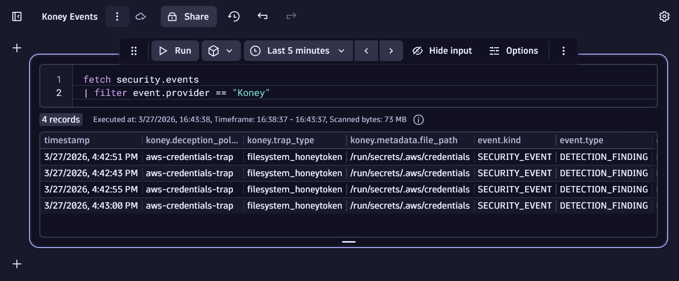 Koney alerts in the Notebooks app 