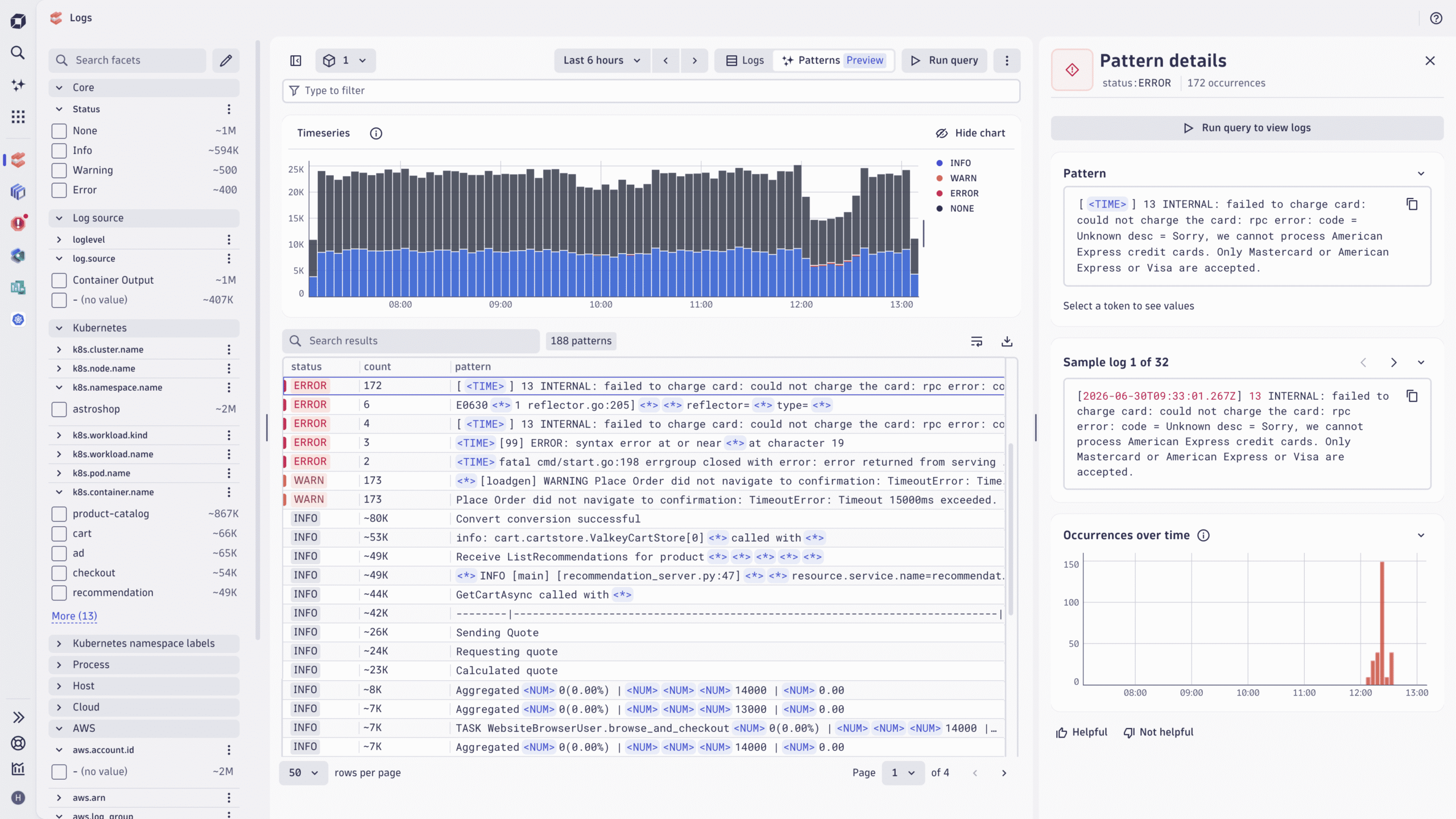 Log pattern analysis grouping thousands of similar entries into a handful of patterns, with dynamic segments highlighted and DPL ready to reuse.
